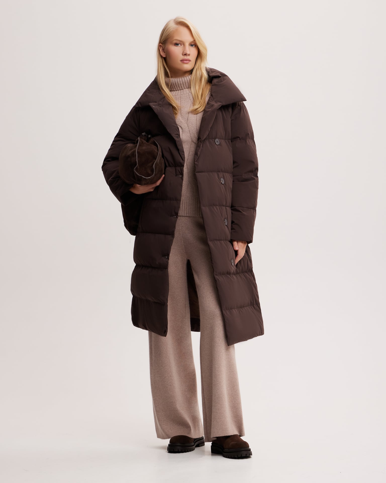 Chocolate brown belted puffer coat