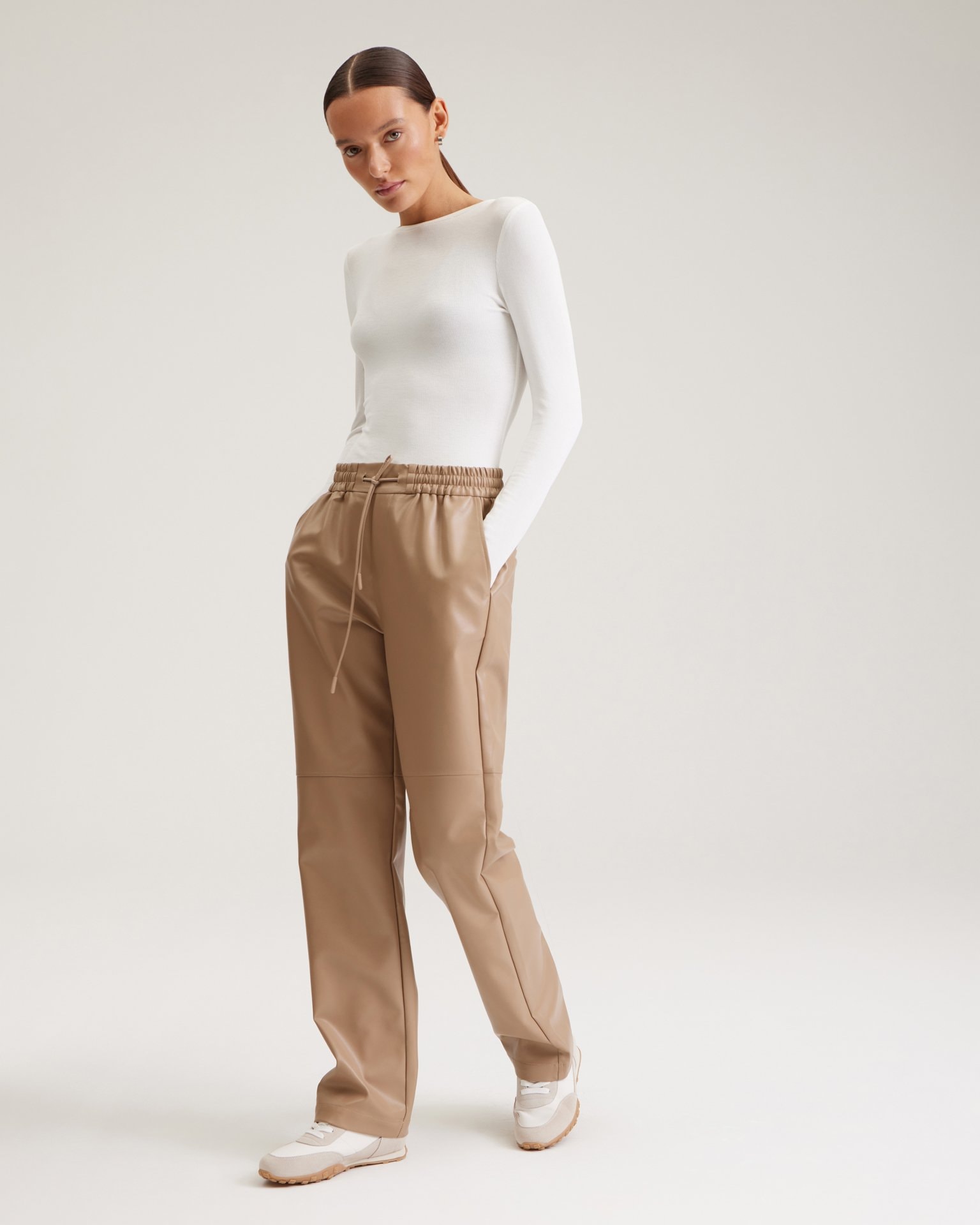 Coffee-coloured faux leather trousers, Beige