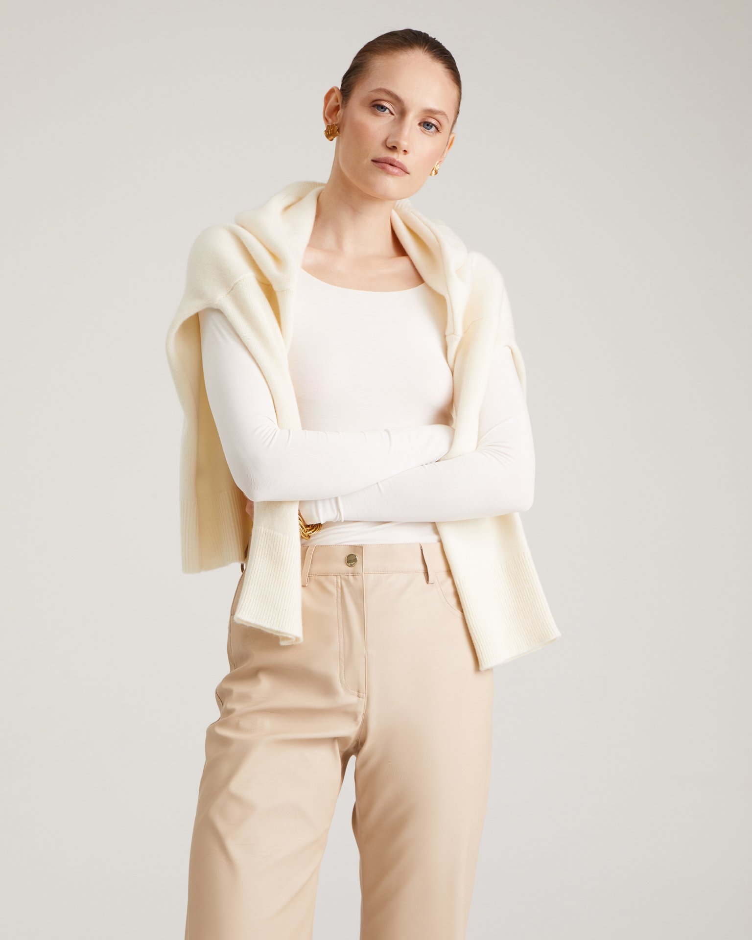 Beige faux leather trousers, Beige — photo 2
