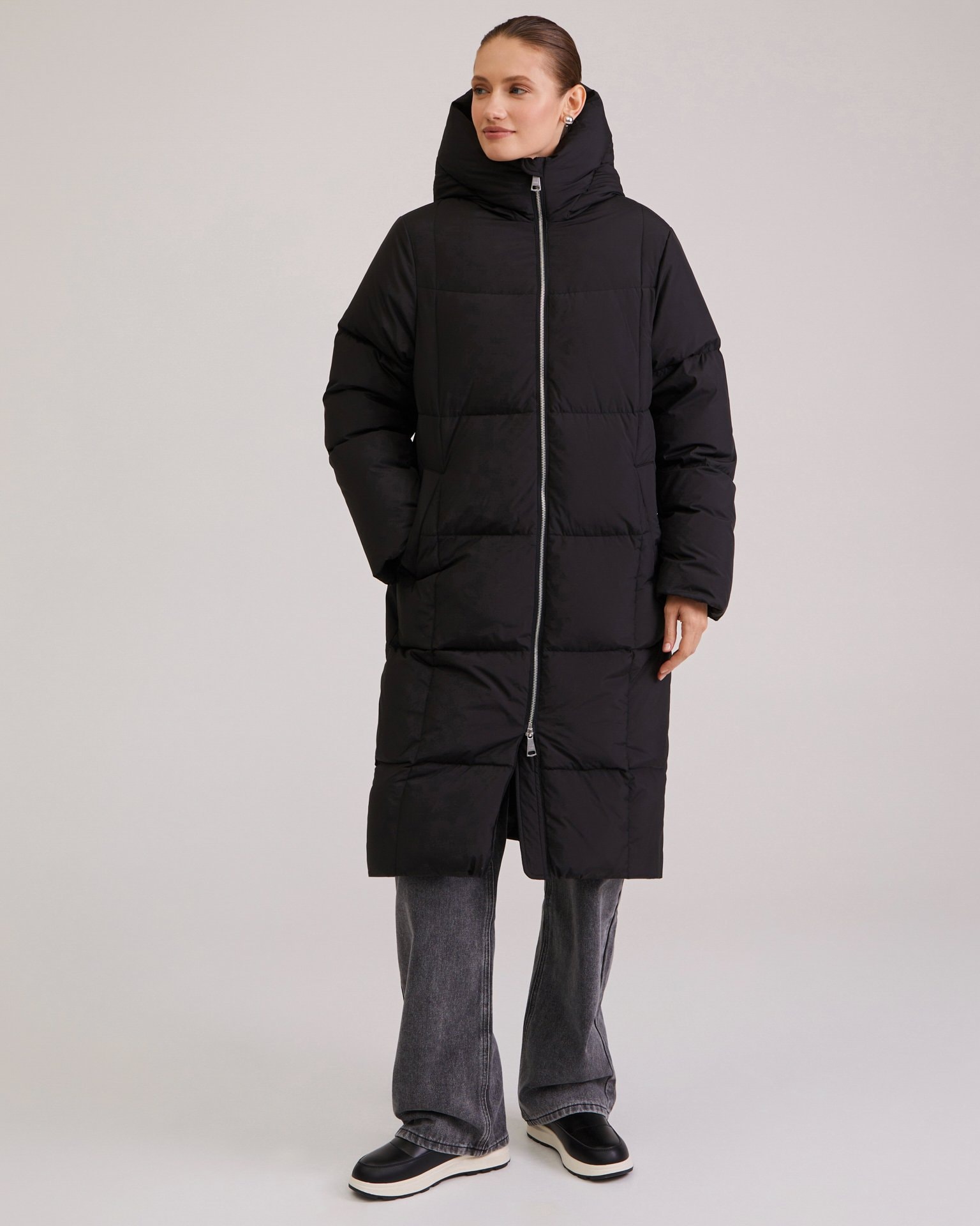 Longline black puffer coat, Black