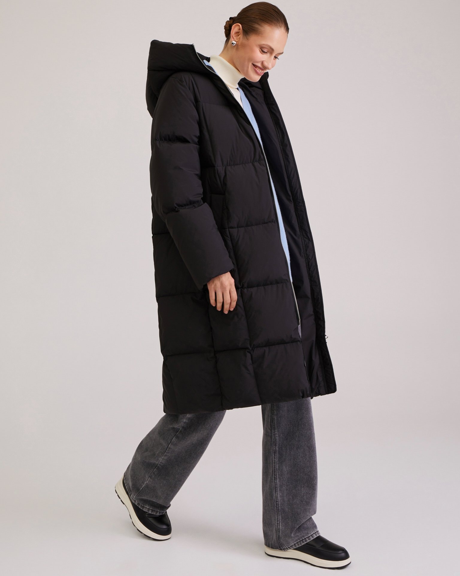 Longline black puffer coat, Black — photo 4