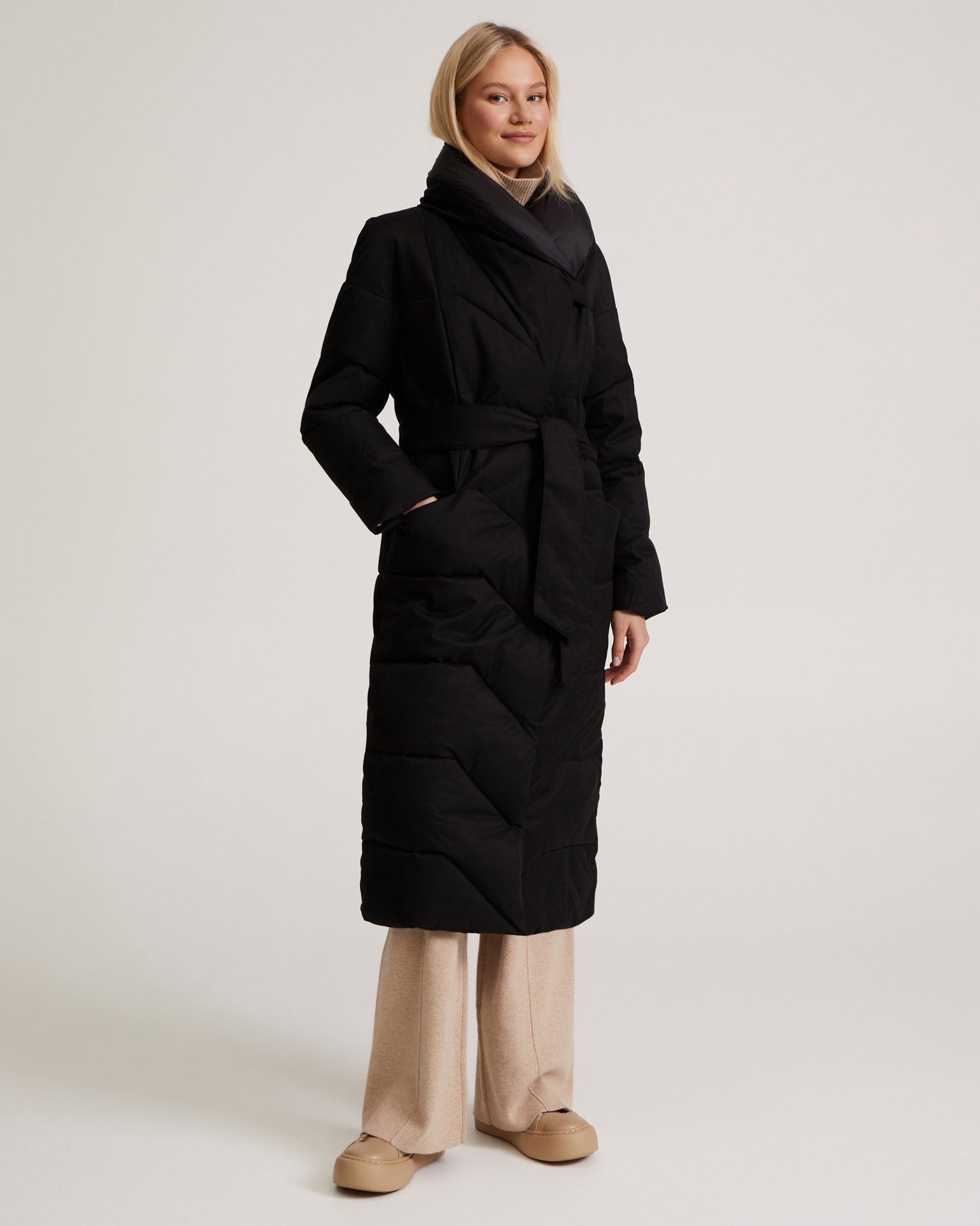 Belted Puffer Coat in Black, Black — photo 6