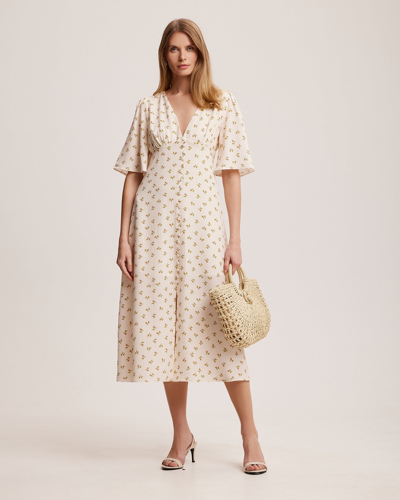 Dress with a V-neck, Light Beige — photo 2