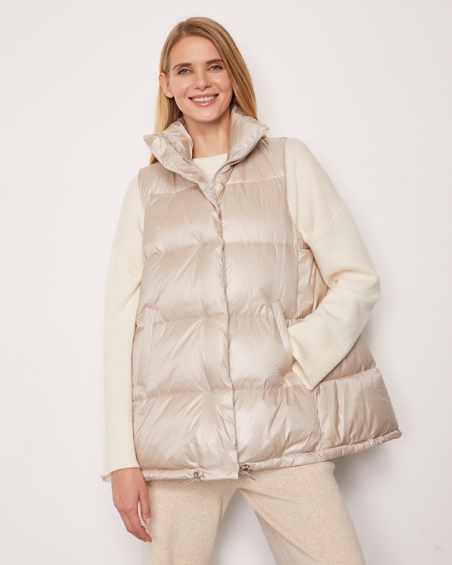 Beige down and feather blend vest, Beige — photo 2