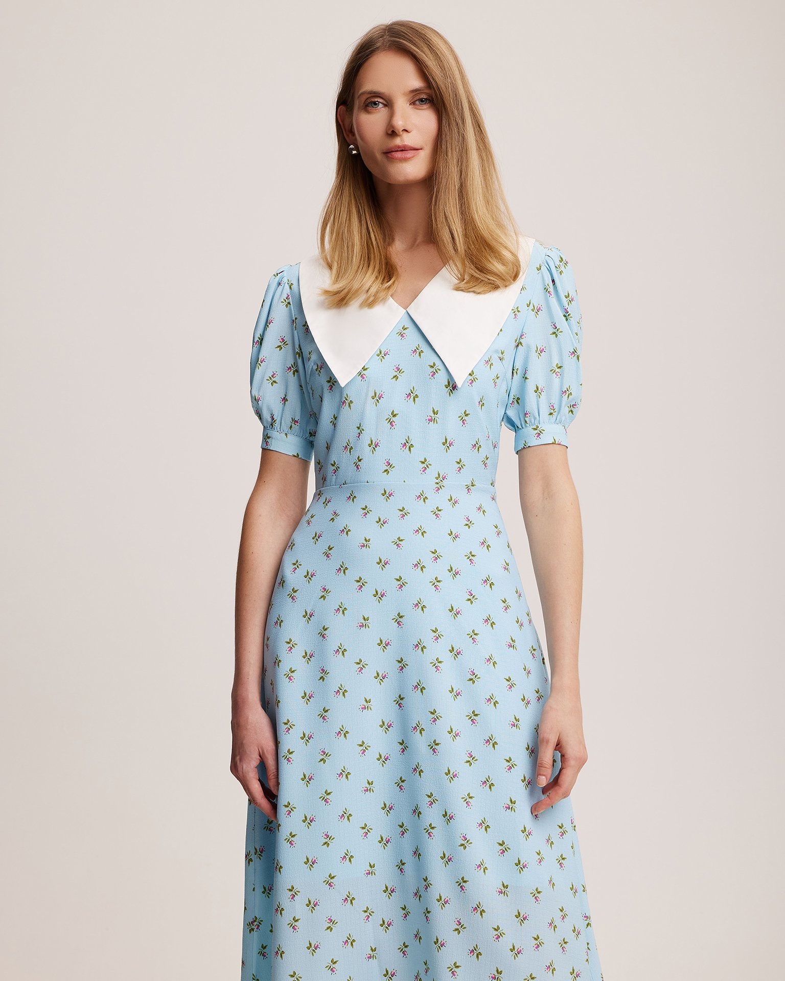 Blue dress with a white collar, Light Blue — photo 2