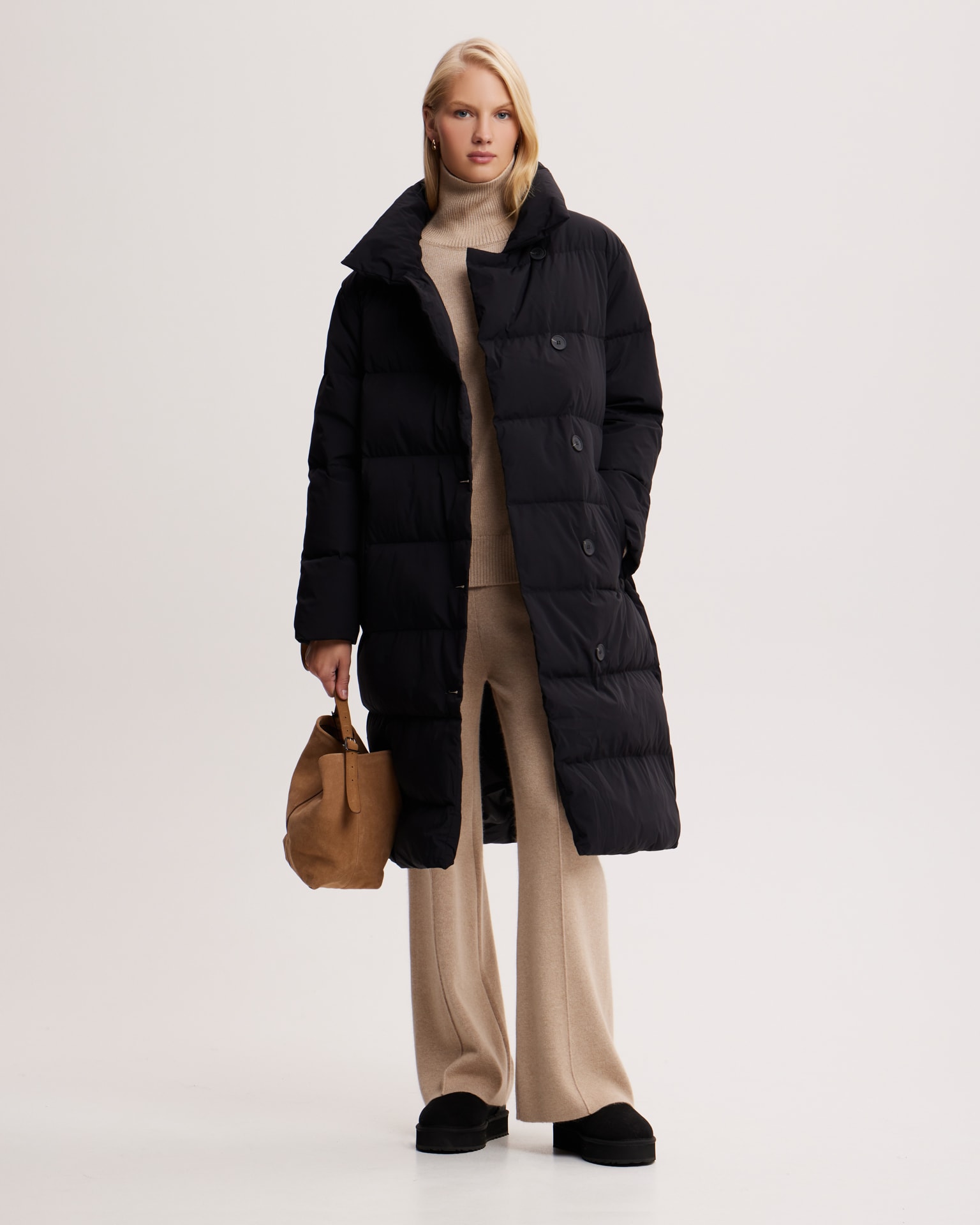 Belted down jacket in black, Black — photo 6