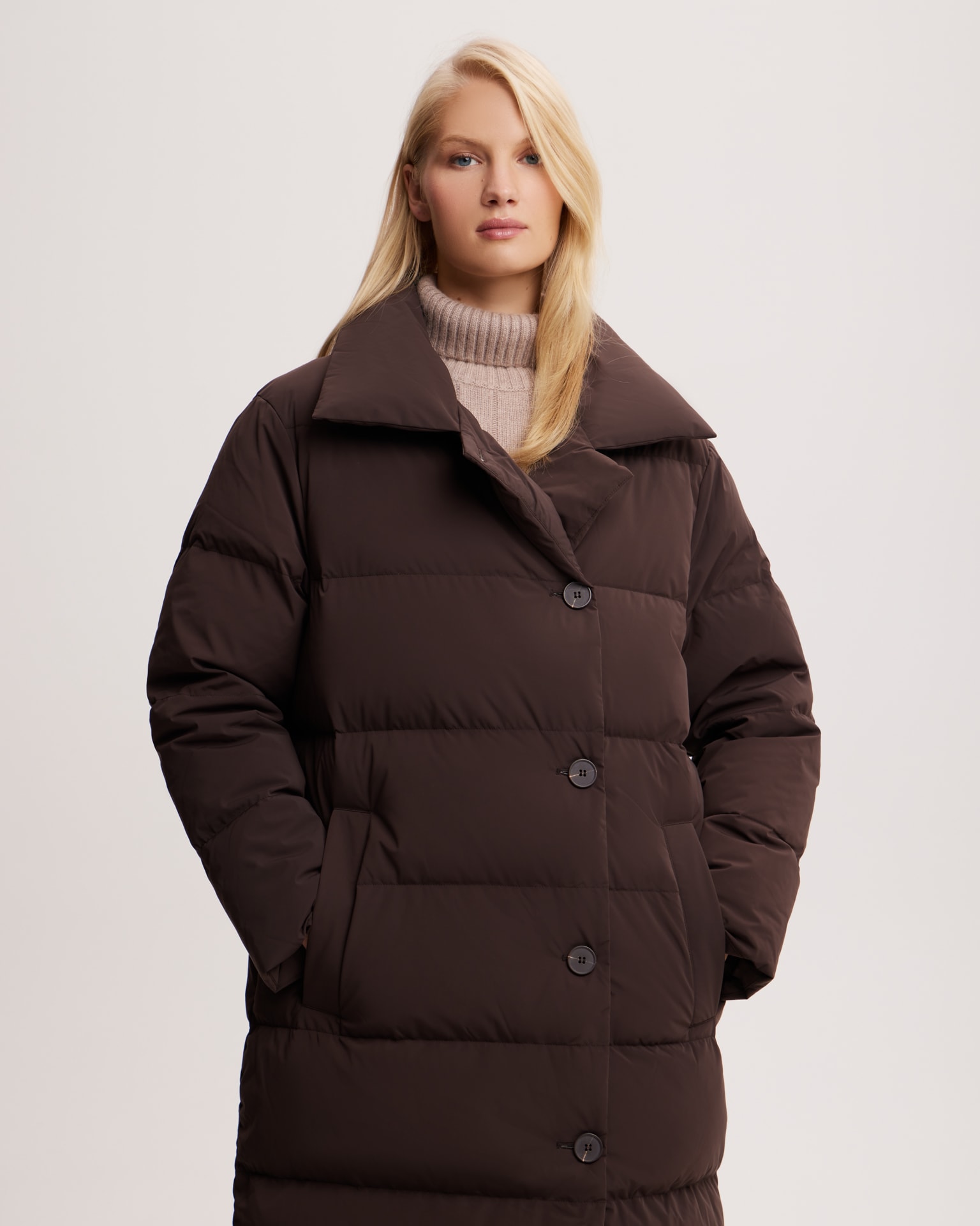 Chocolate brown belted puffer coat, Brown — photo 6