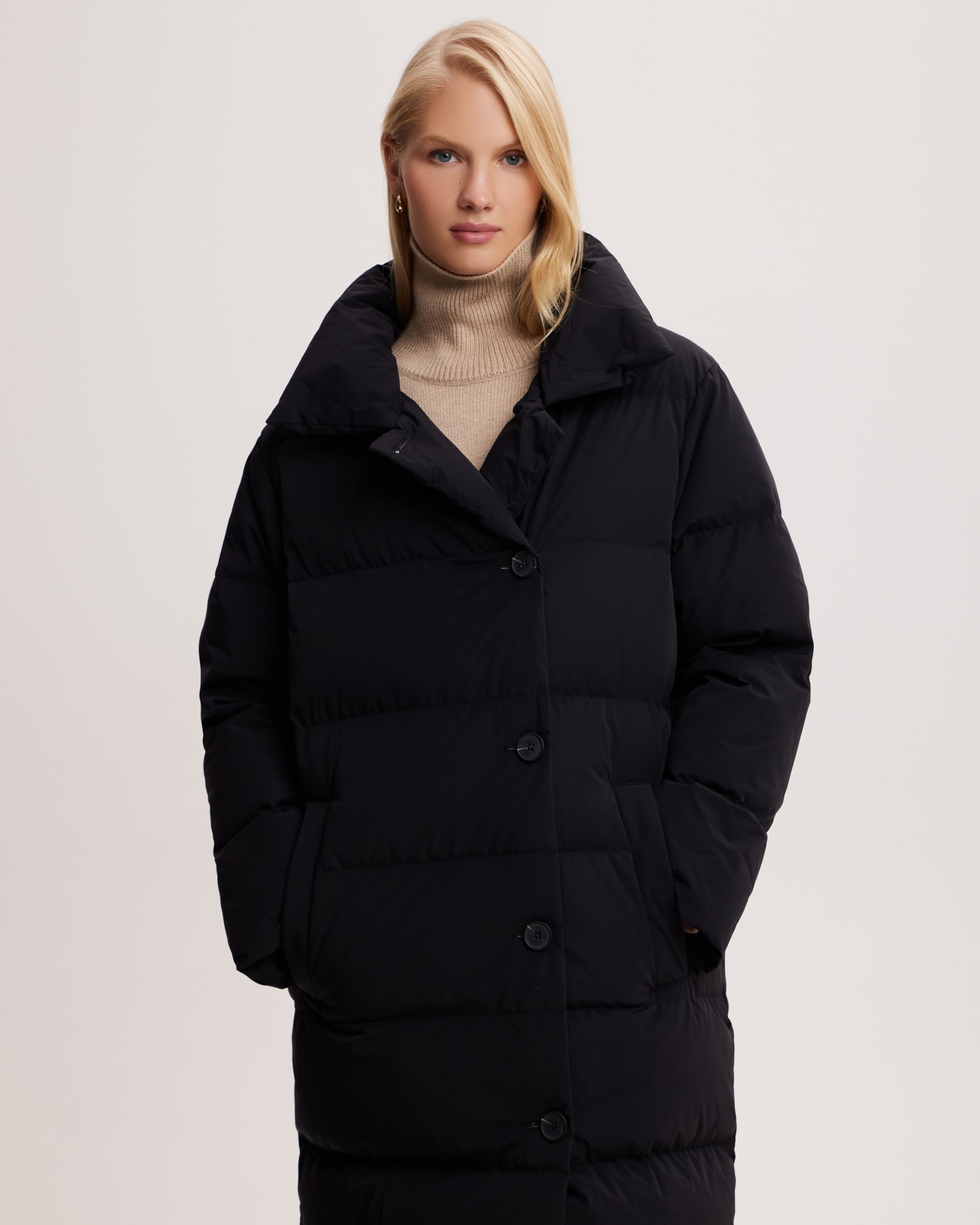 Belted down jacket in black, Black — photo 5