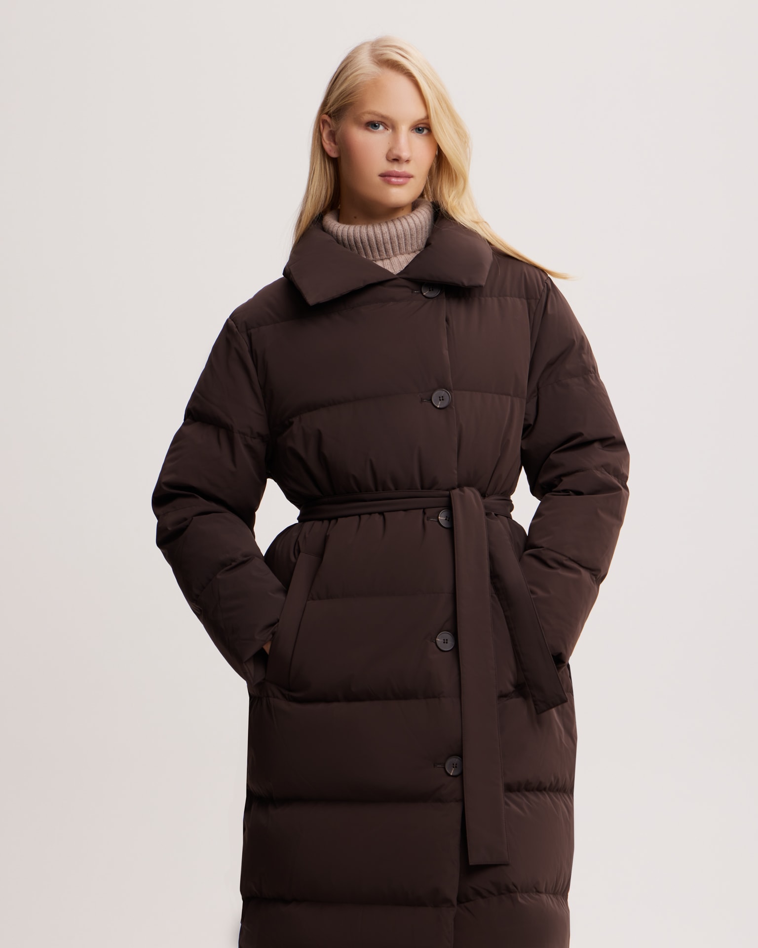 Chocolate brown belted puffer coat, Brown — photo 5