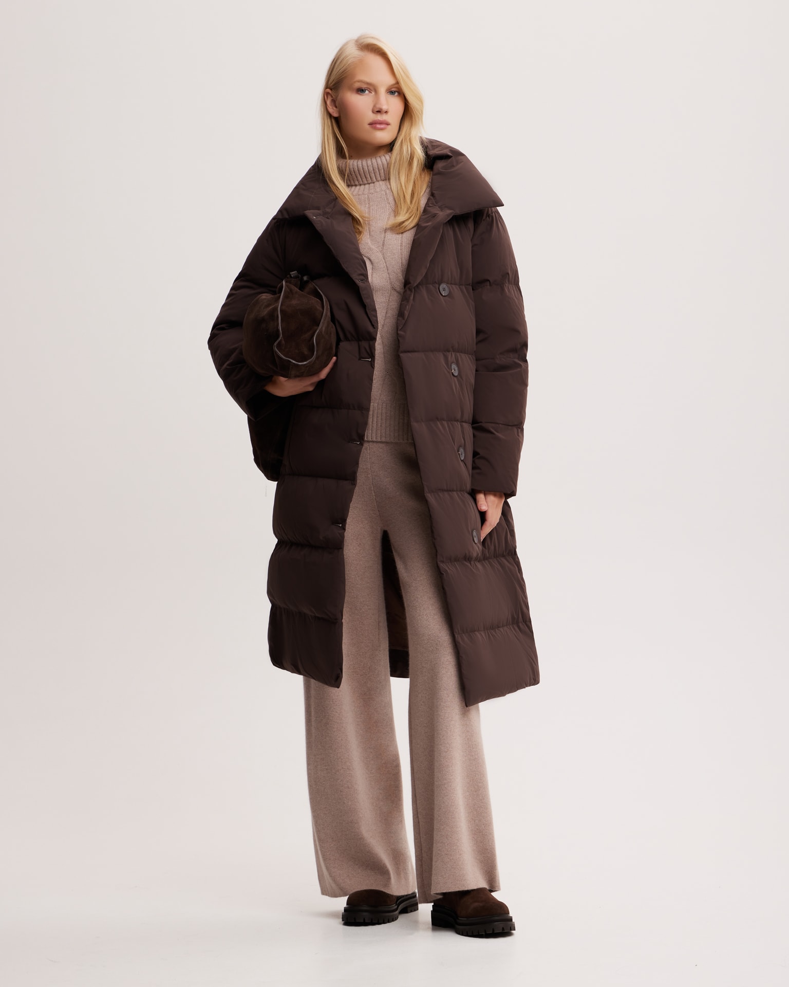 Chocolate brown belted puffer coat, Brown