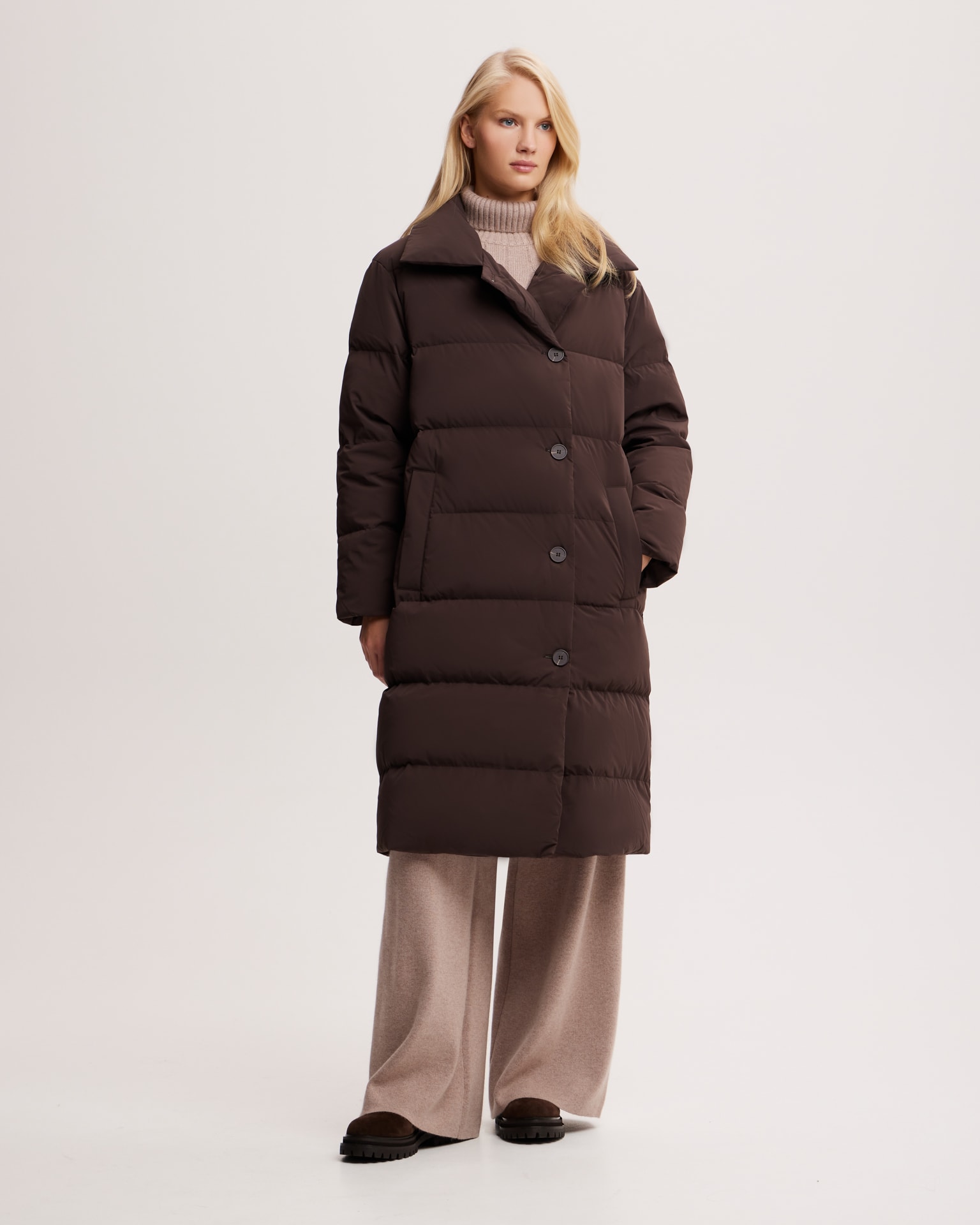 Chocolate brown belted puffer coat, Brown — photo 2