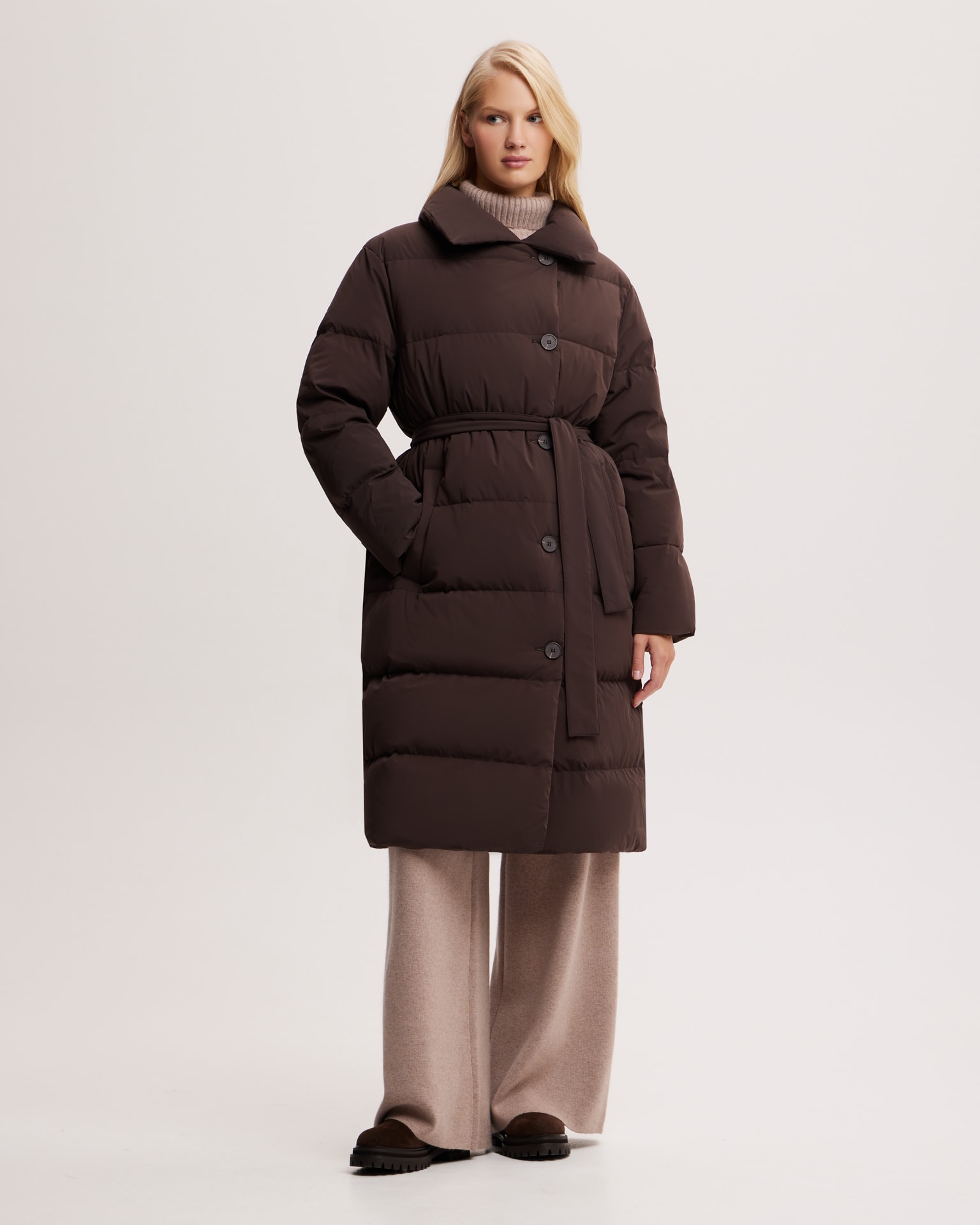 Chocolate brown belted puffer coat, Brown — photo 4