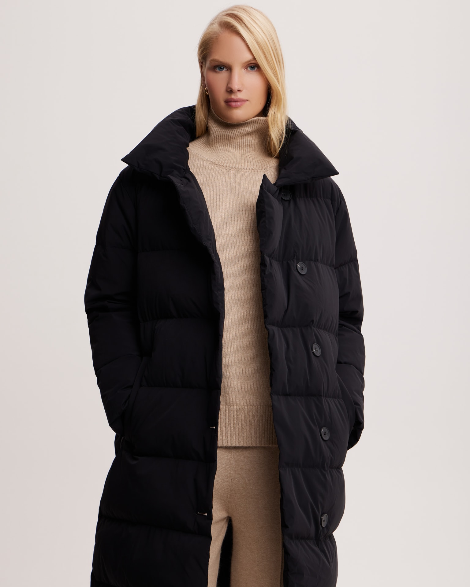 Belted down jacket in black, Black — photo 7