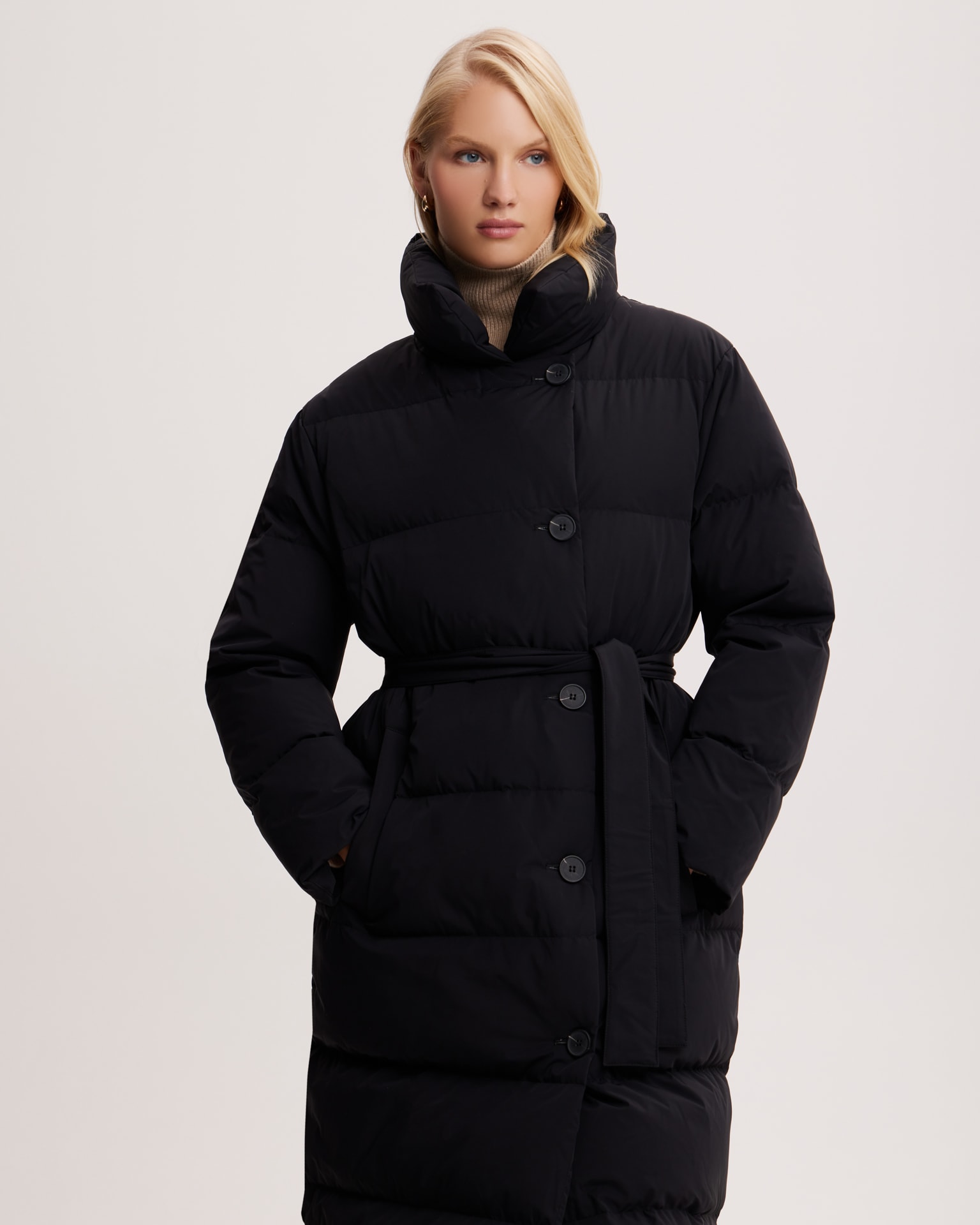 Belted down jacket in black, Black