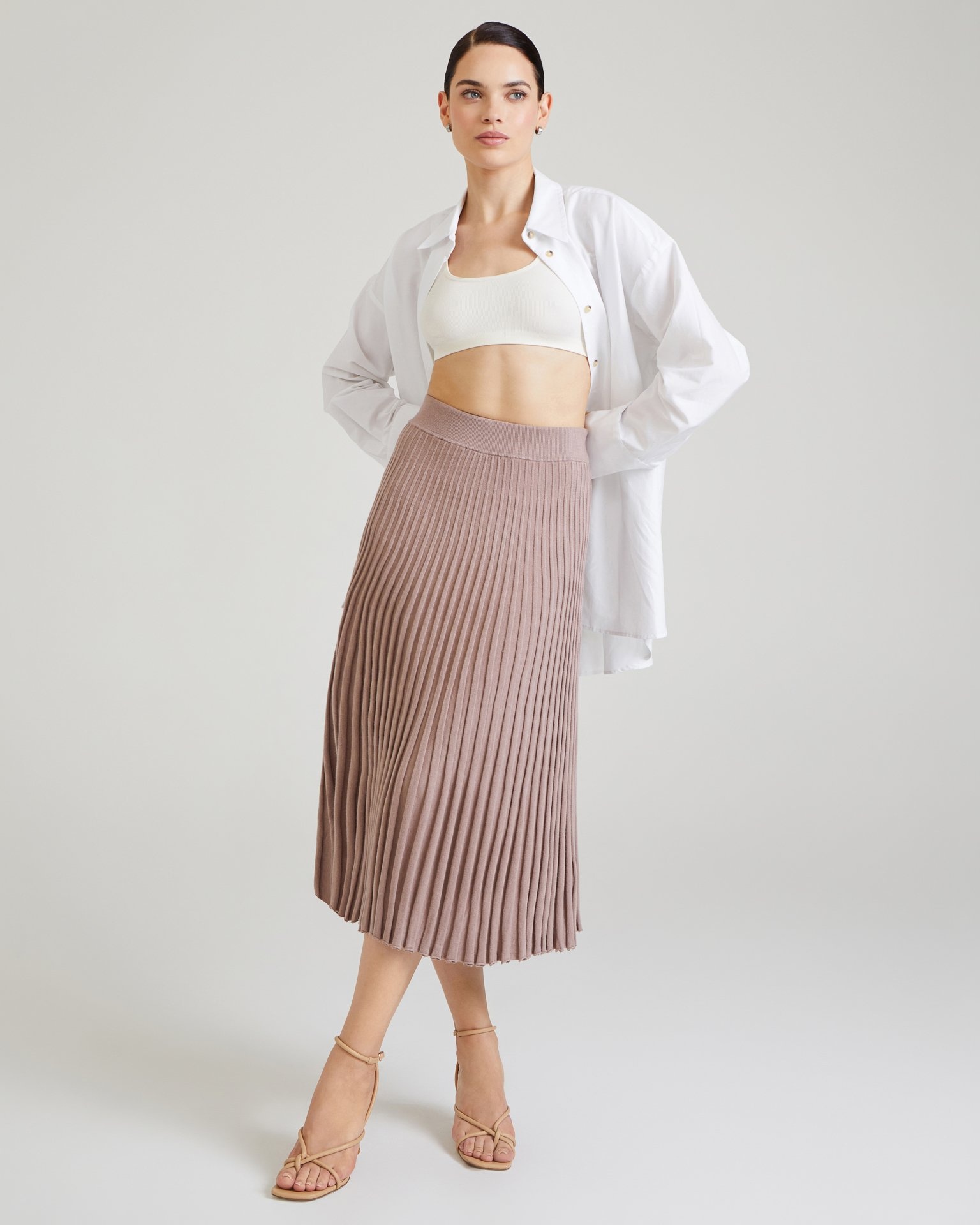 Powder pink pleated midi skirt