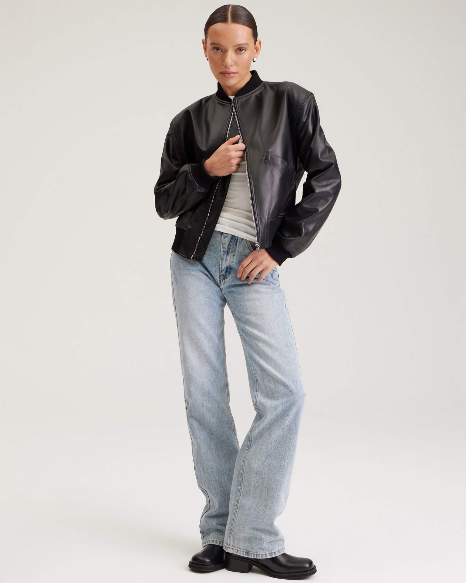 Black leather bomber jacket