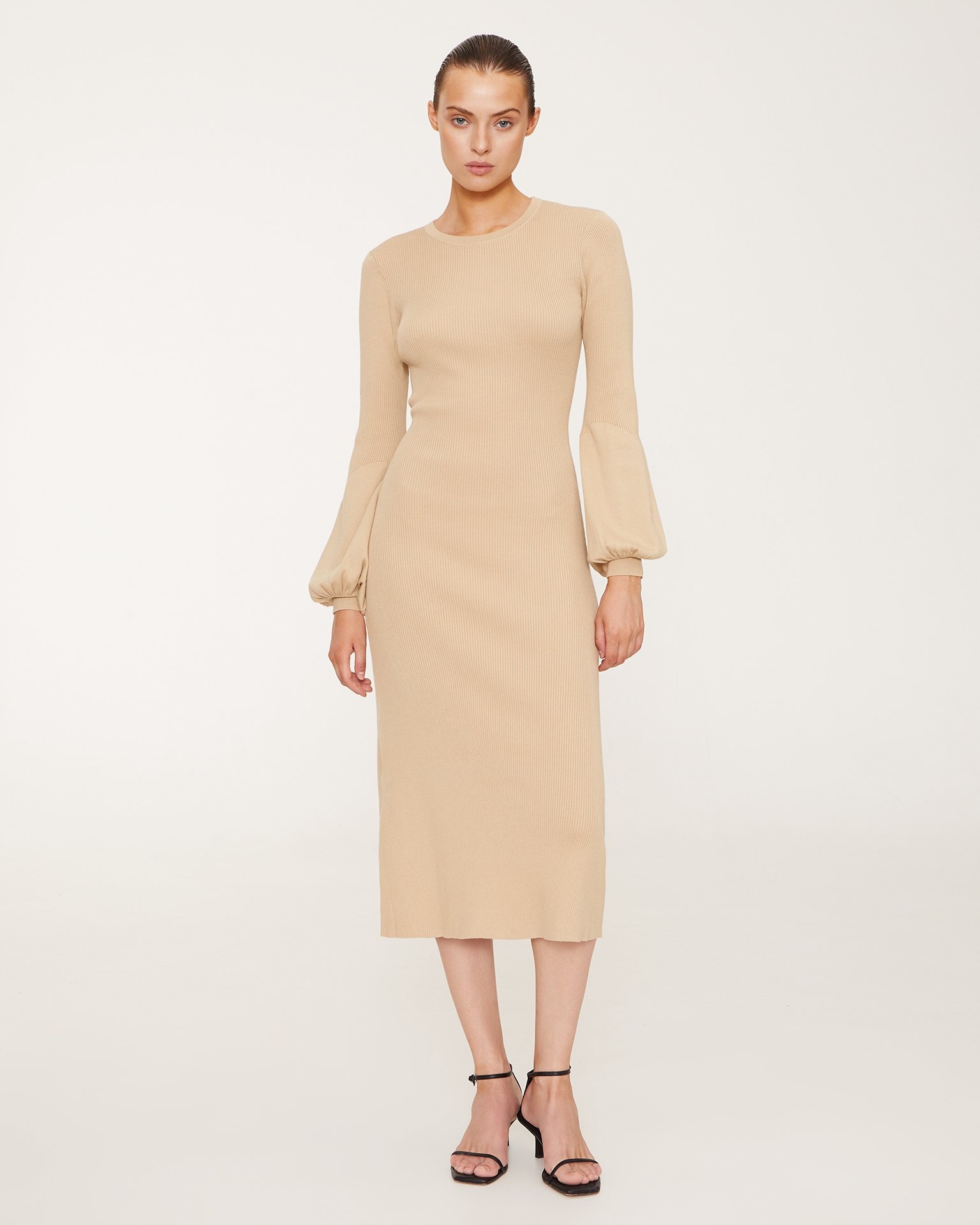 Fitted beige midi dress
