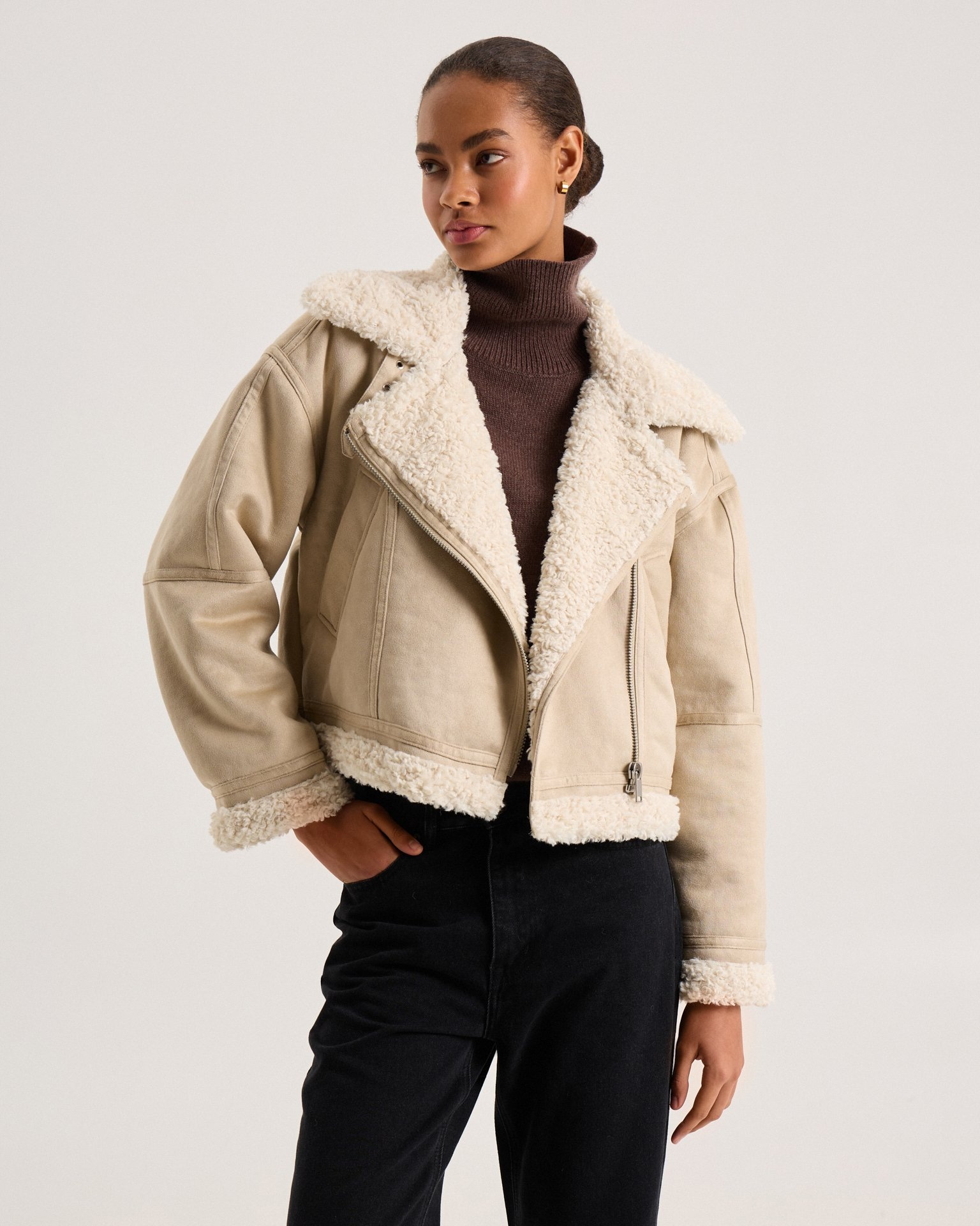 Beige quilted sheepskin coat