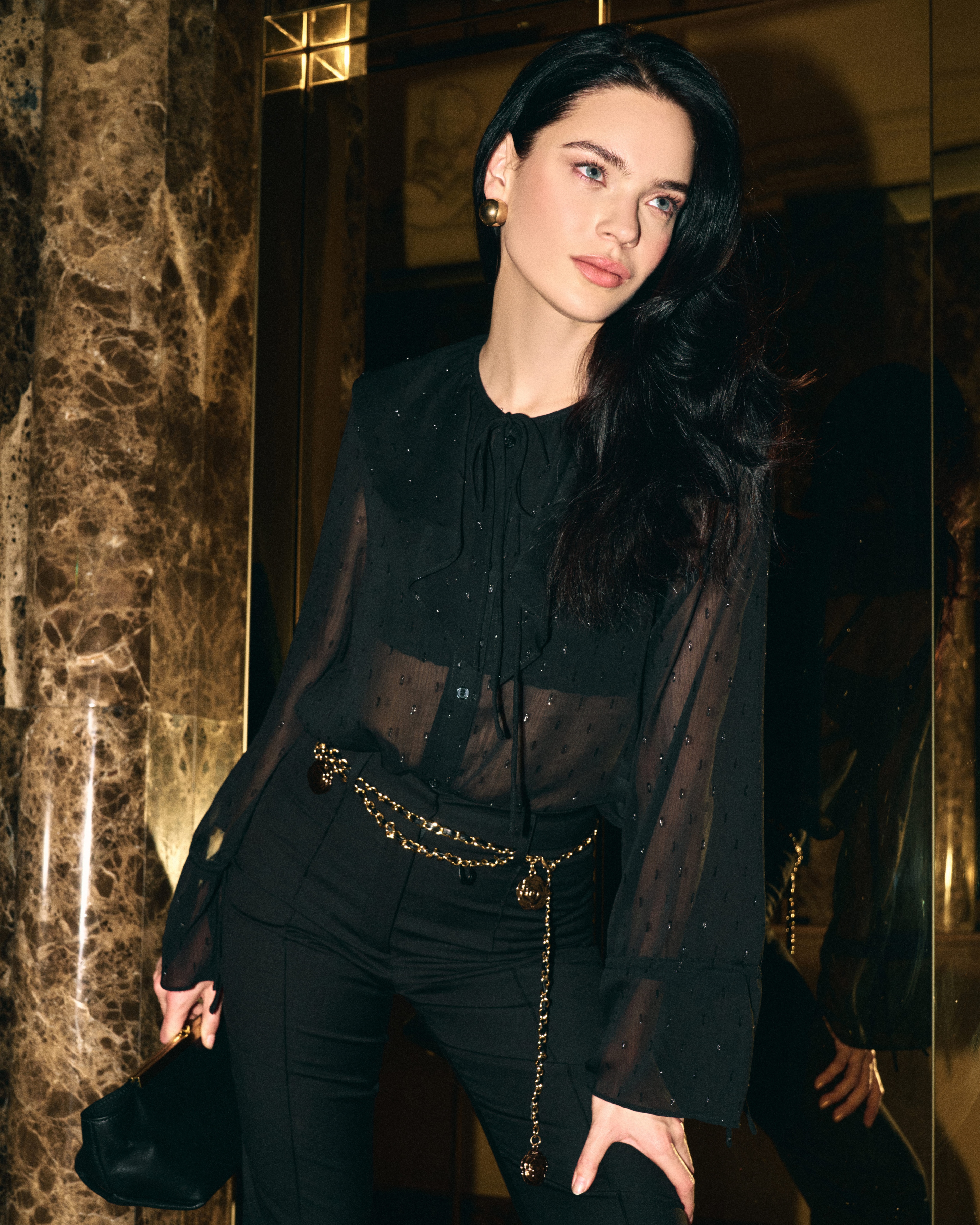 Sheer blouse with a flounce collar