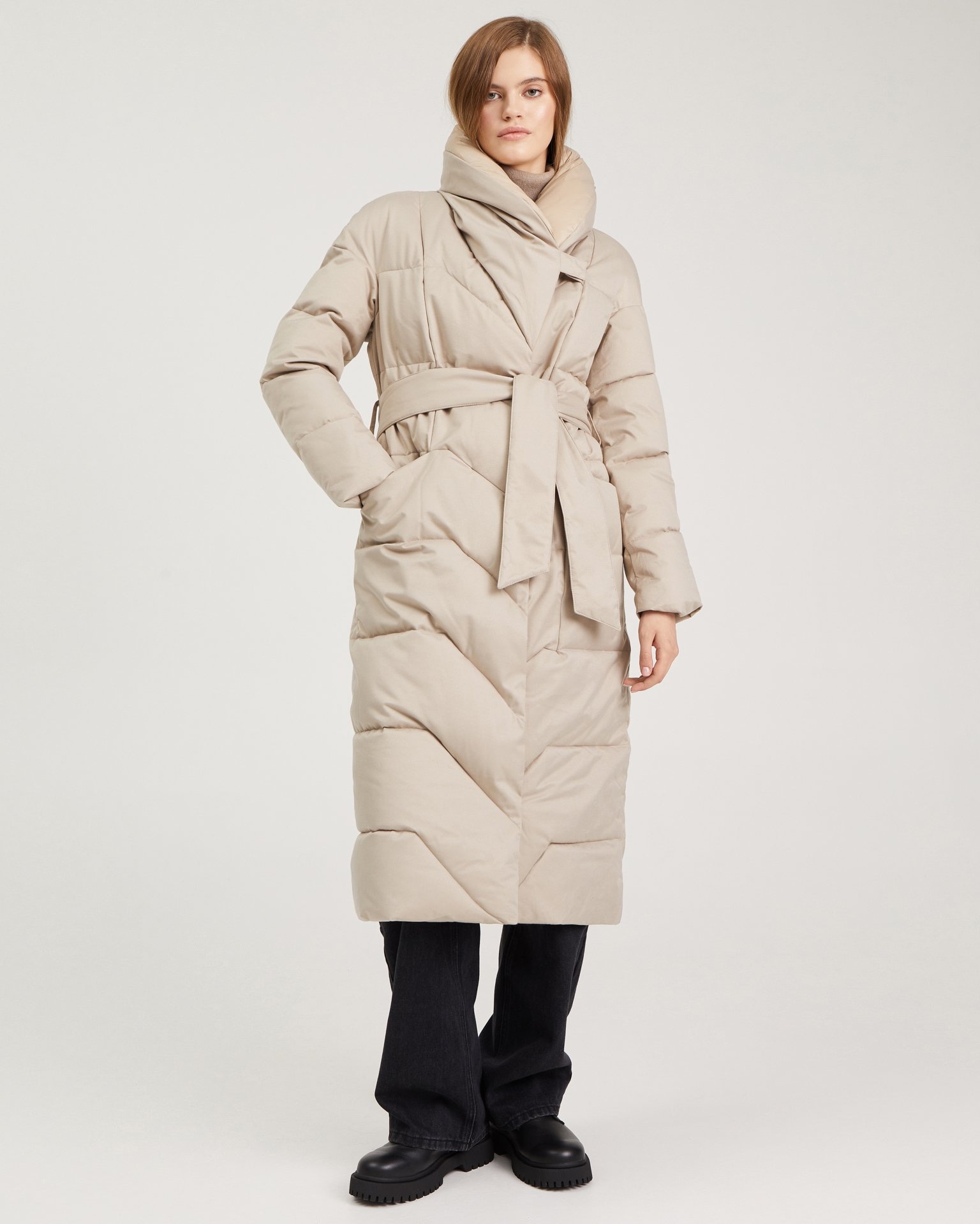 Belted Puffer Coat in Beige