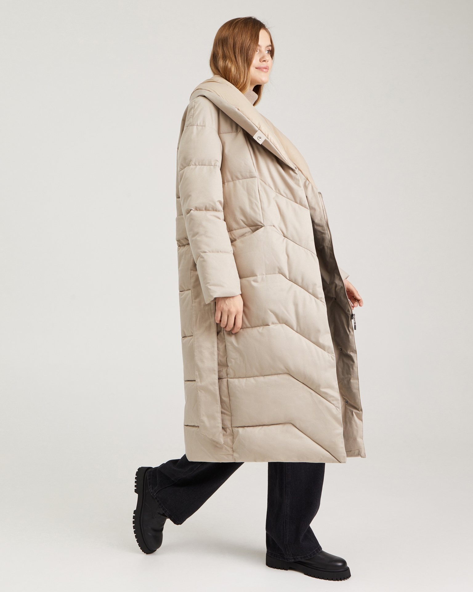 Belted Puffer Coat in Beige