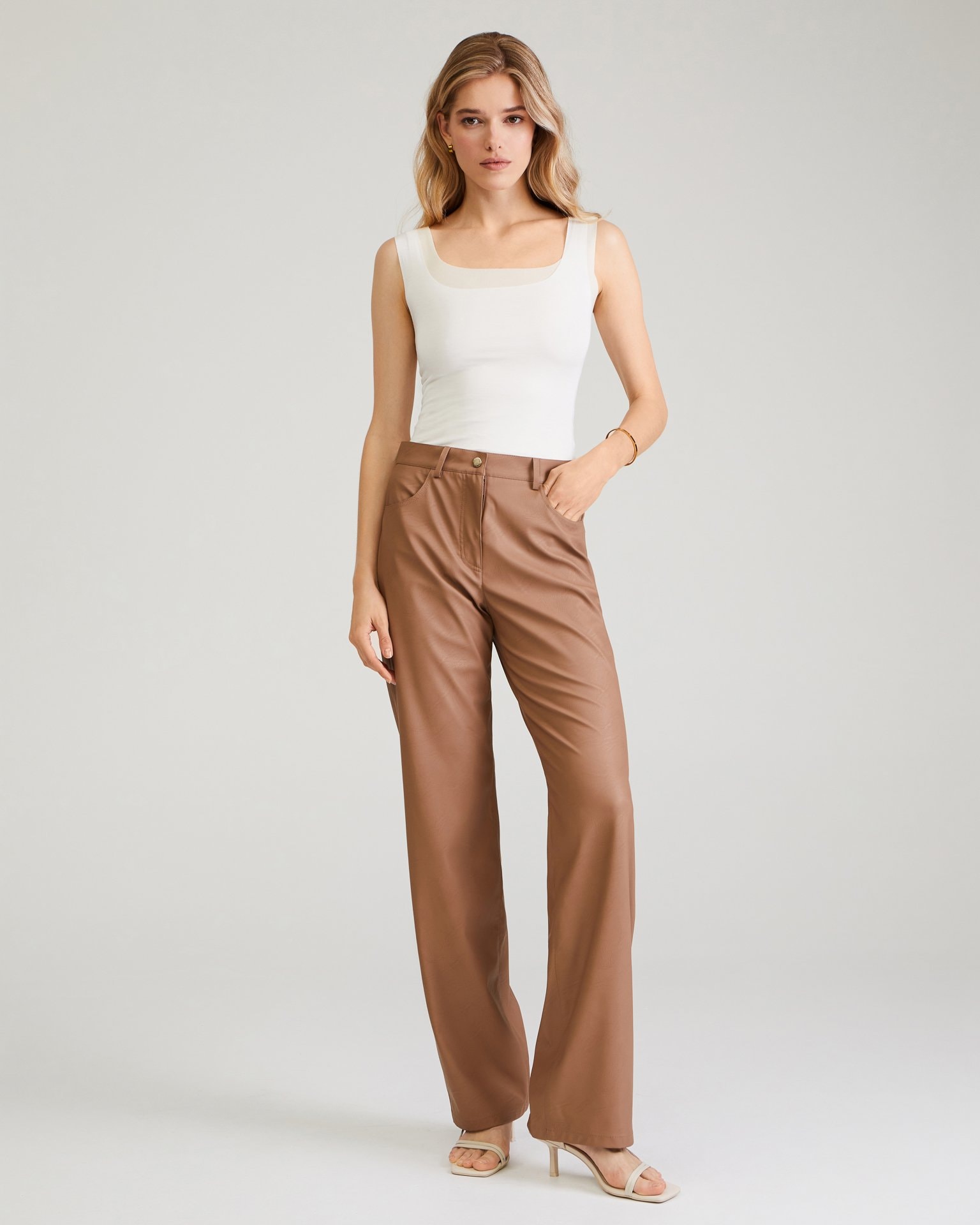 Coffee-coloured eco-leather trousers, Brown — photo 2