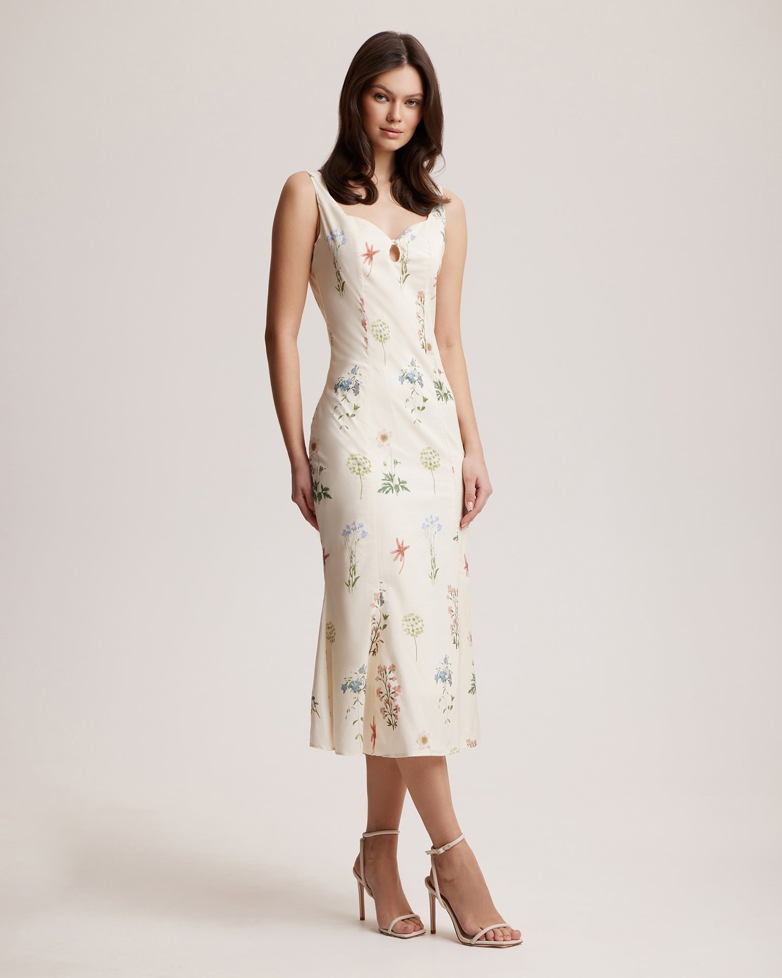 Dress with Floral Print and Accentuated Bodice, Milky