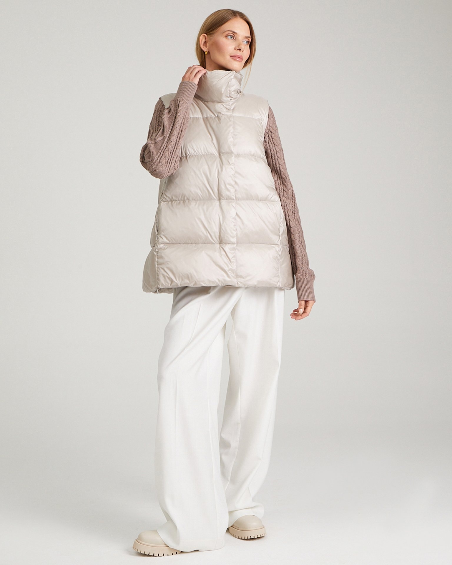 Insulated waistcoat with a stand-up collar, Beige — photo 2