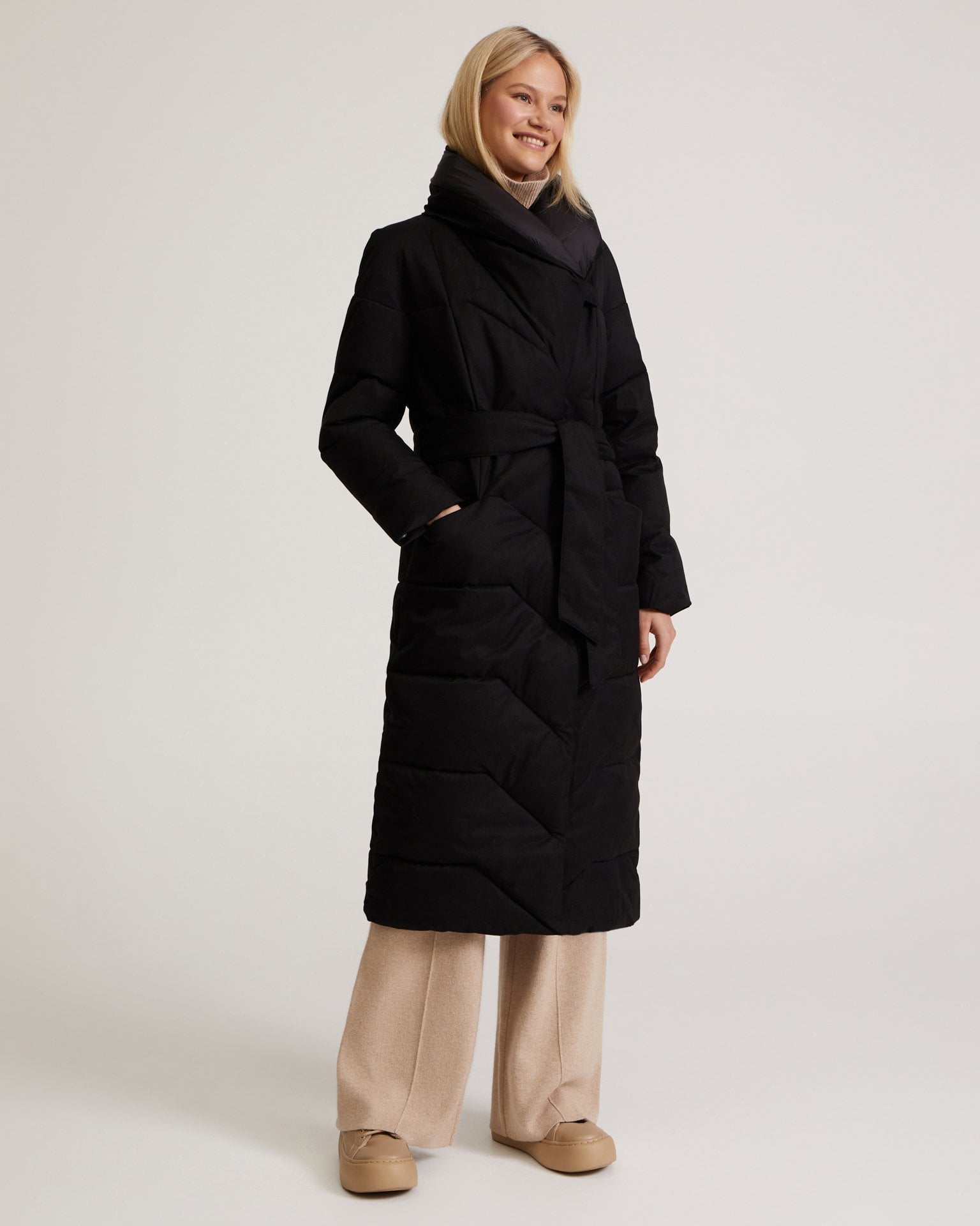 Belted Puffer Coat in Black