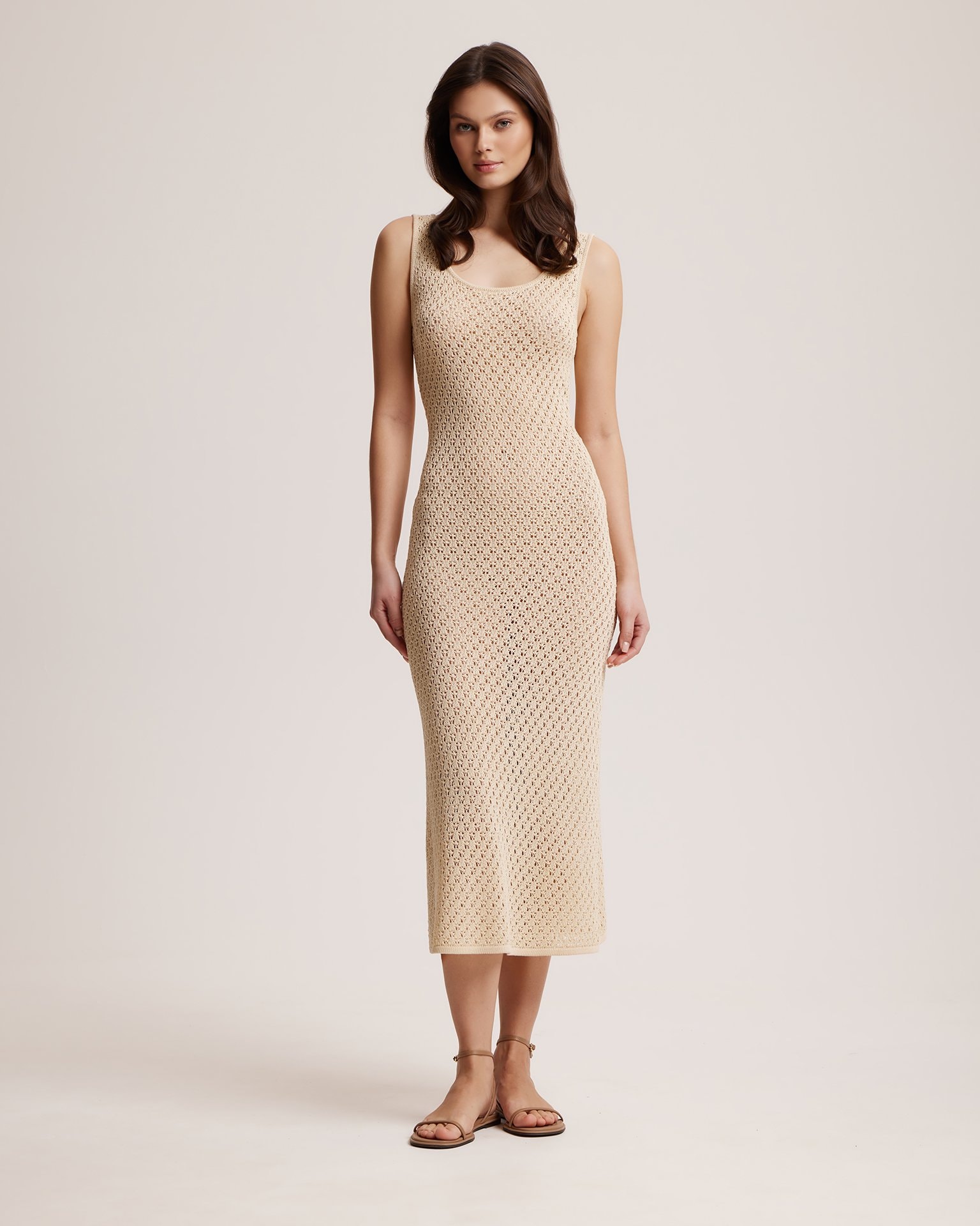 Crochet-effect knit dress, Beige