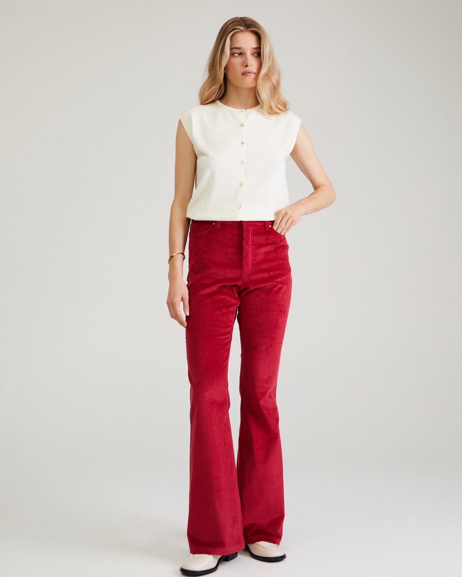 Corduroy flare trousers, Burgundy — photo 2