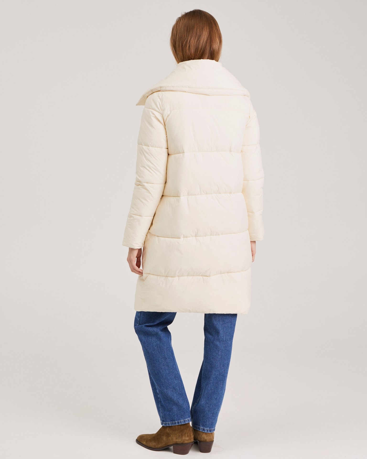Down coat with turn-down collar, Beige — photo 4