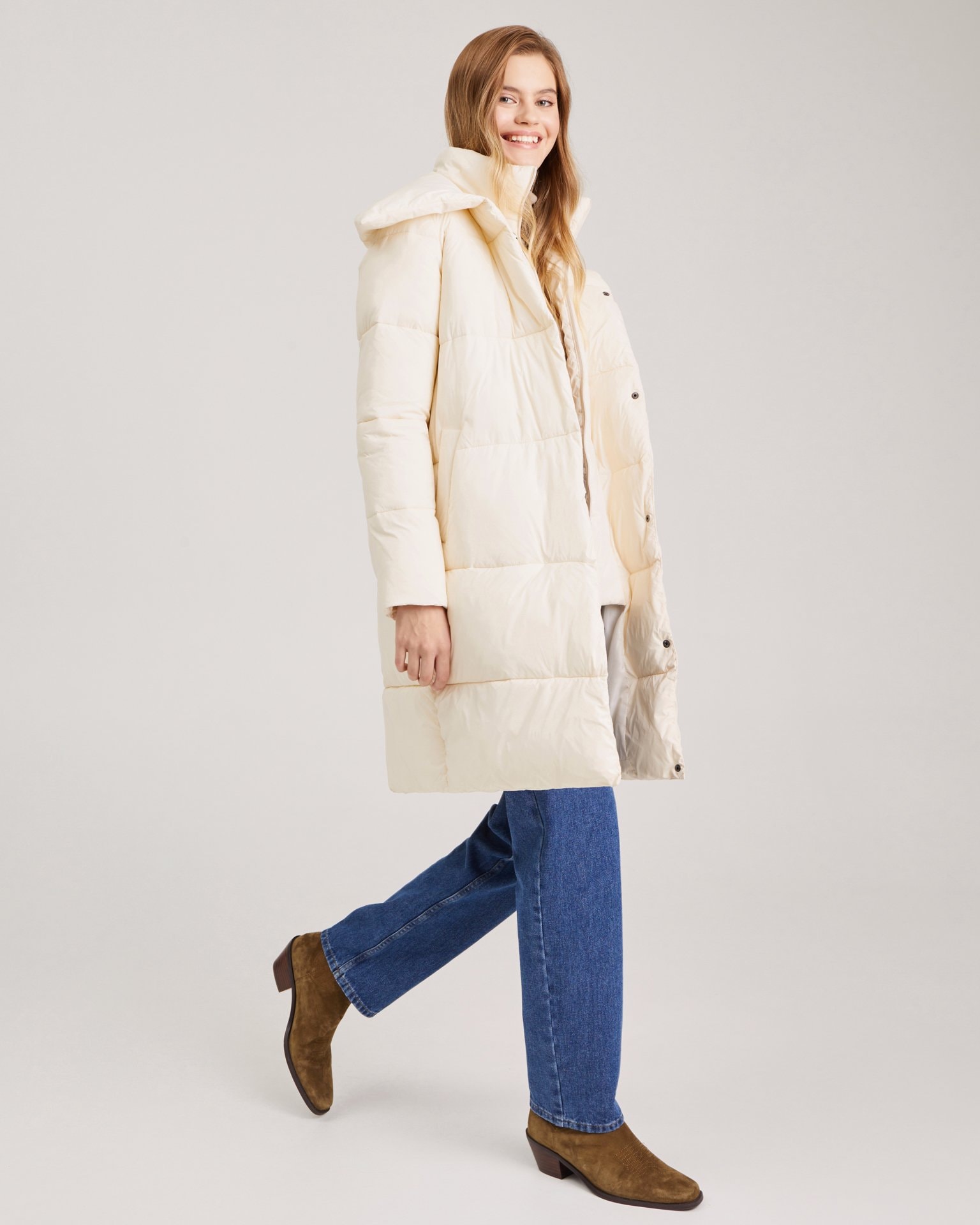 Down coat with turn-down collar, Beige — photo 5
