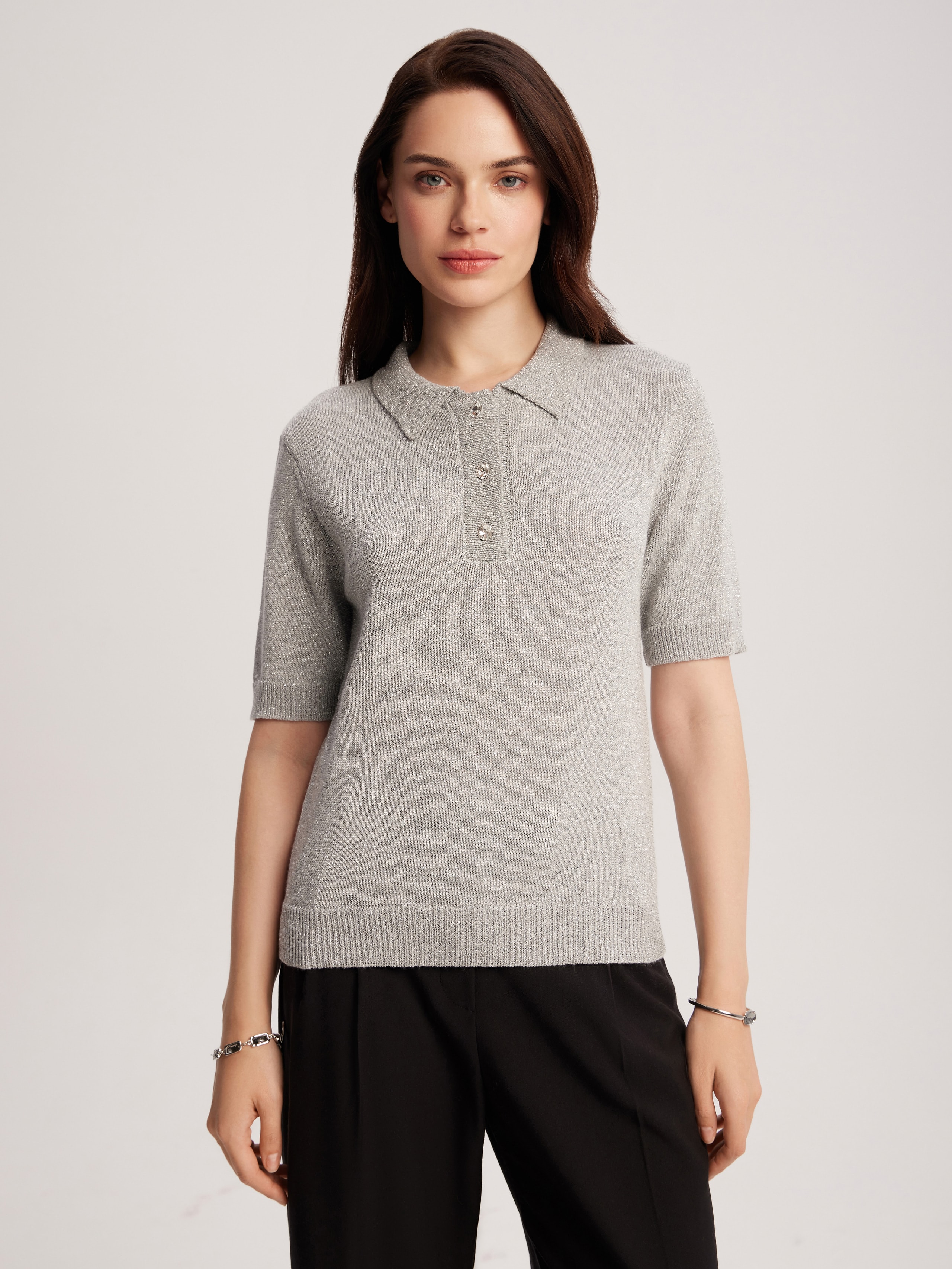 polo shirt with lurex, Gray — photo 4