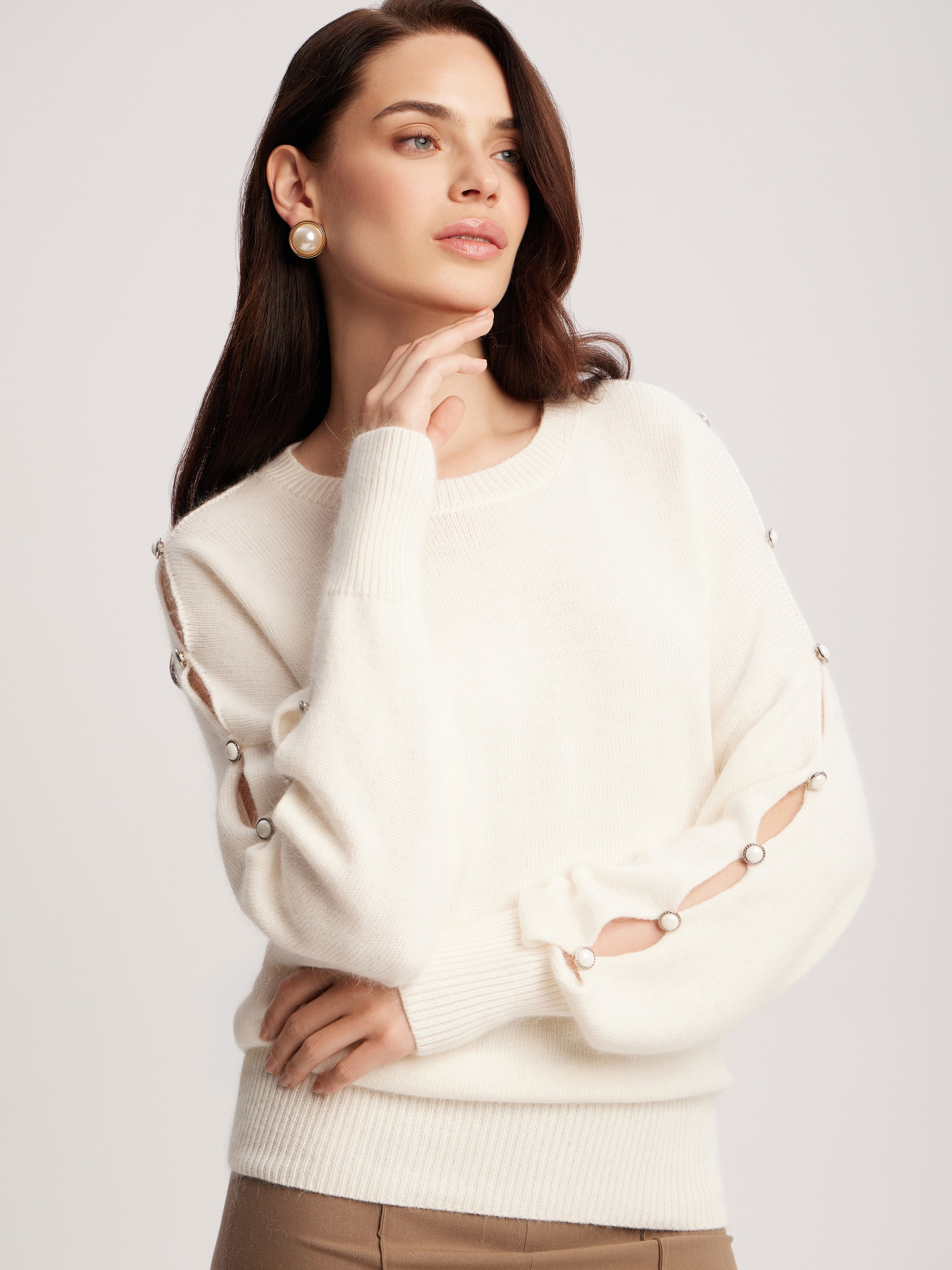 Jumper with accent buttoned sleeves, White — photo 4