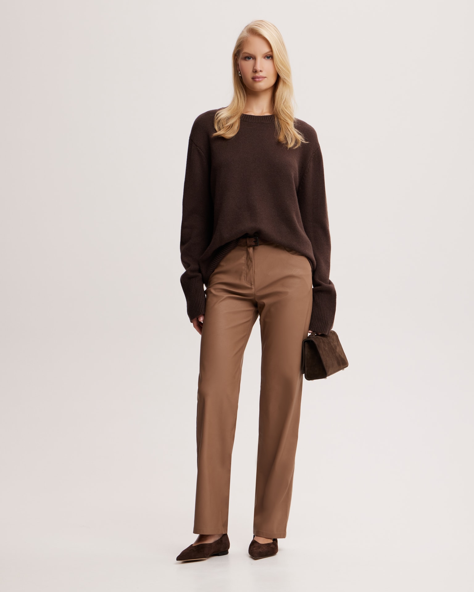 Coffee-coloured eco-leather trousers, Brown