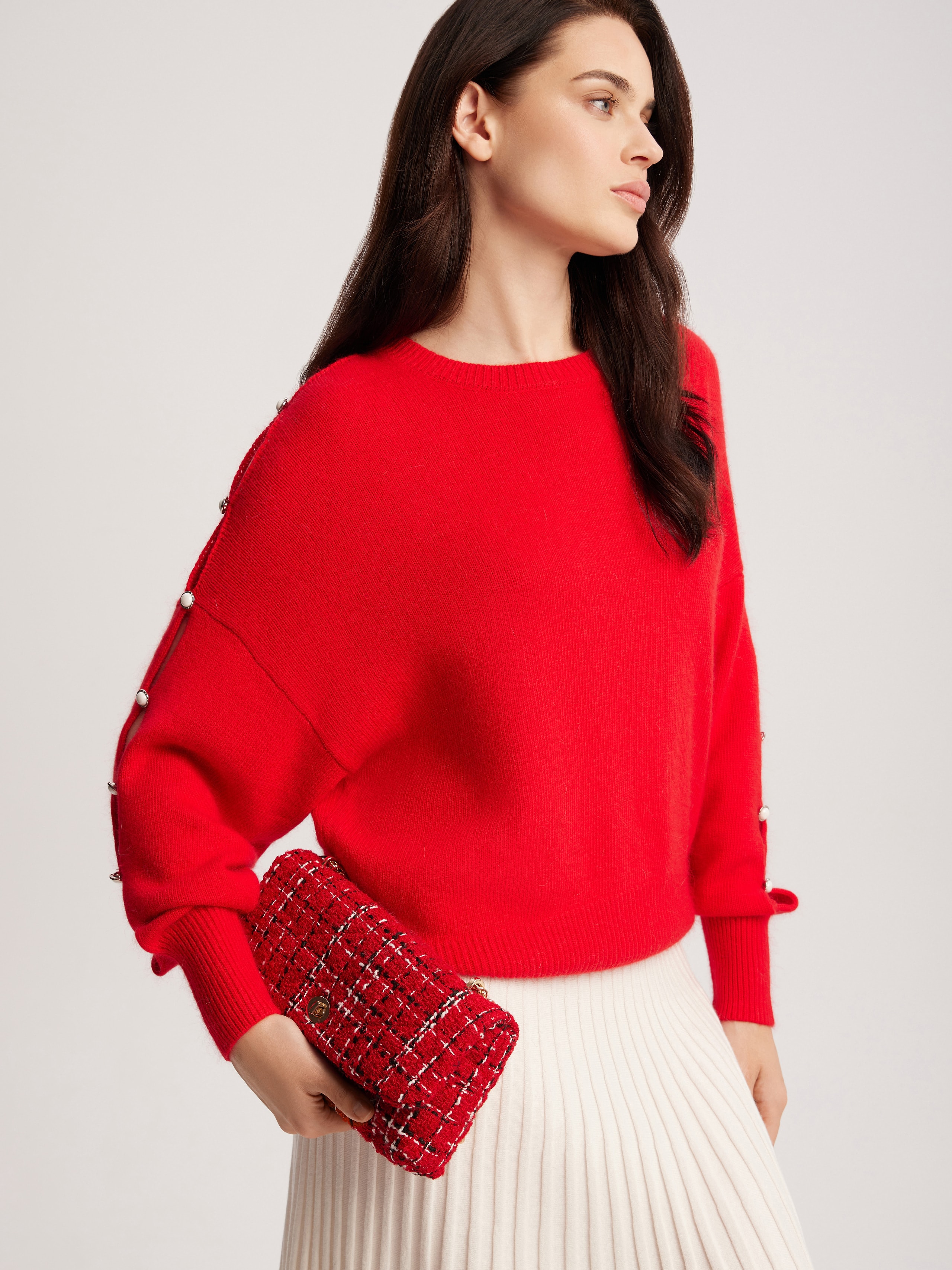 Jumper with accent buttoned sleeves, Red — photo 6