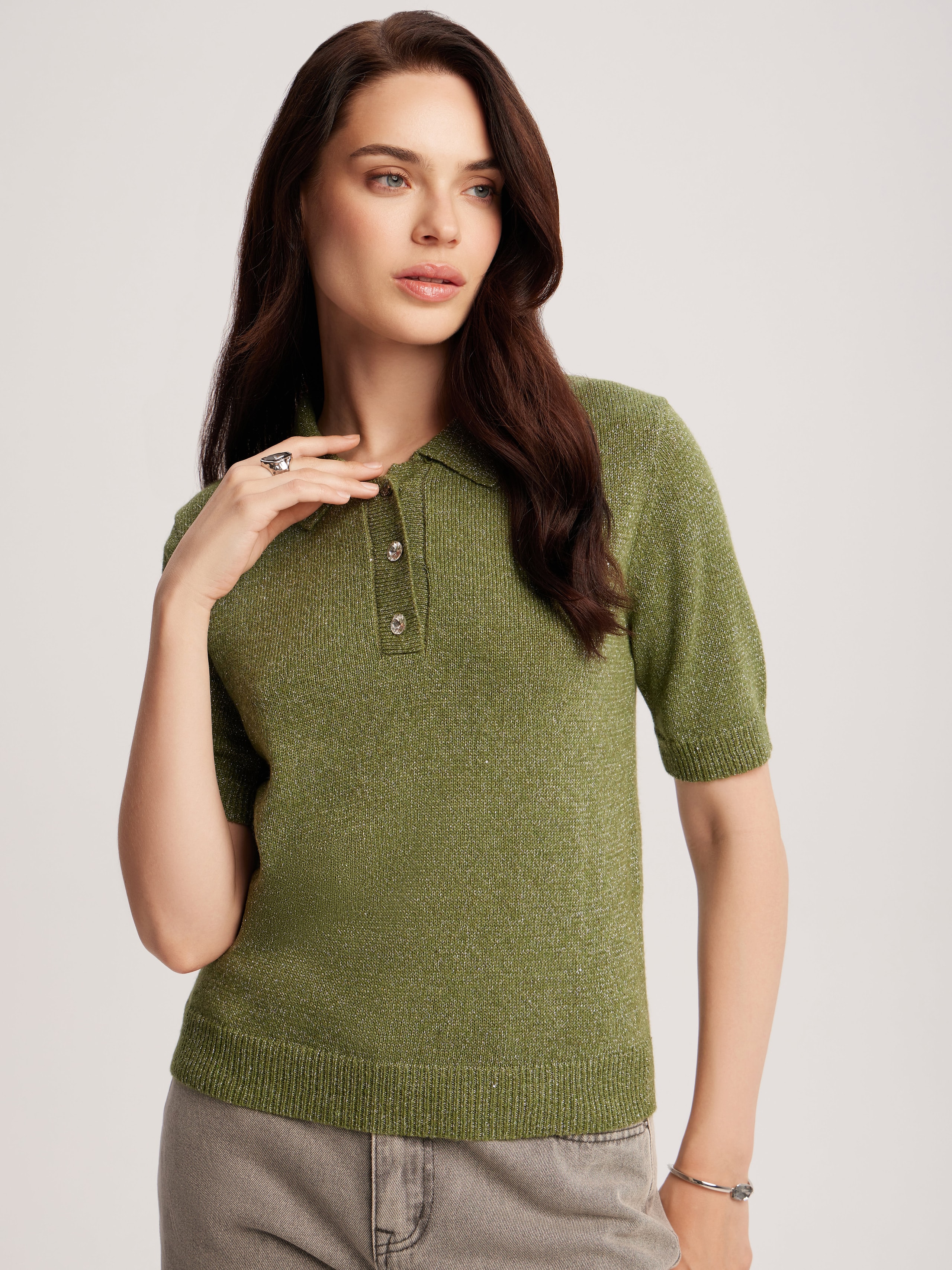polo shirt with lurex, Green — photo 6