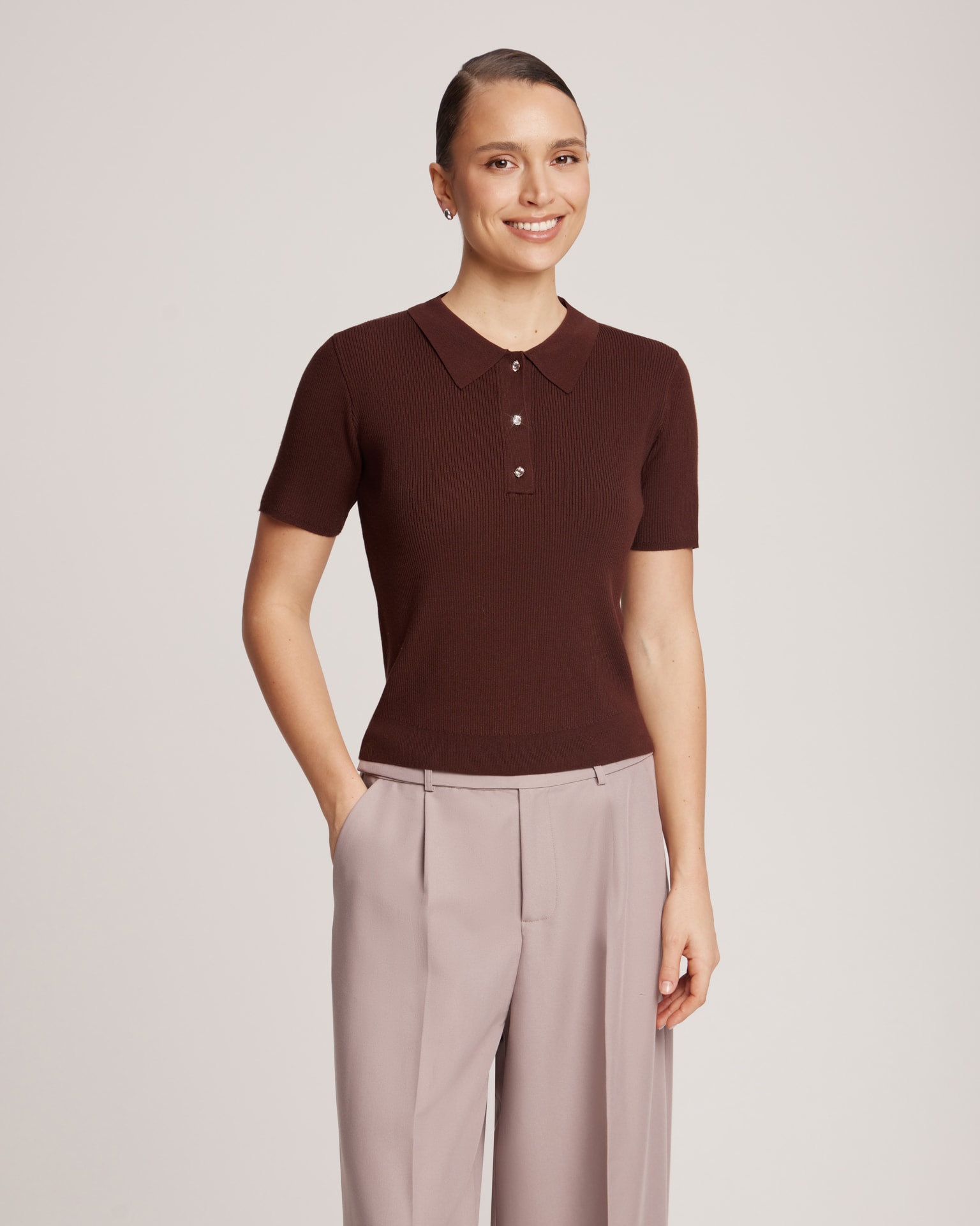 Polo shirt with rhinestone buttons, Brown — photo 6