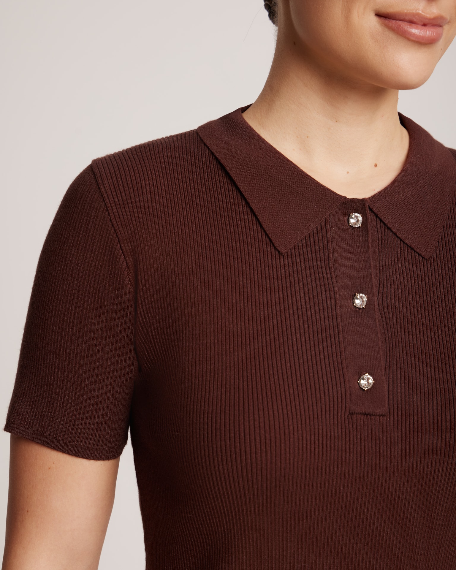 Polo shirt with rhinestone buttons, Brown — photo 7