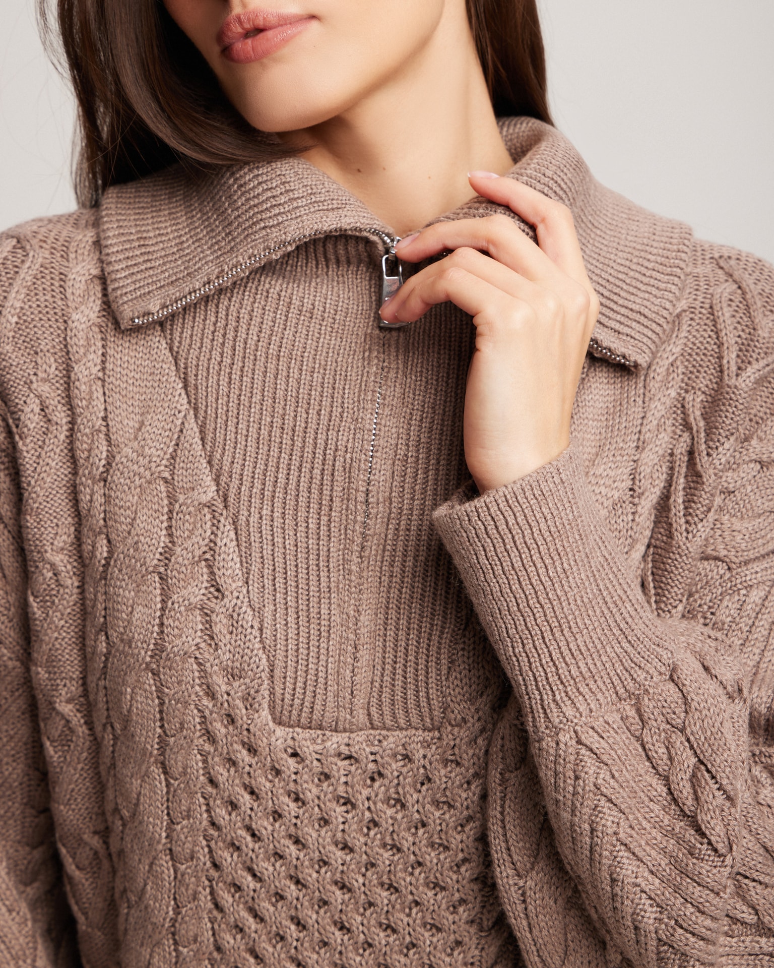 Sweater with a zip neck in cappuccino colour, Brown — photo 4