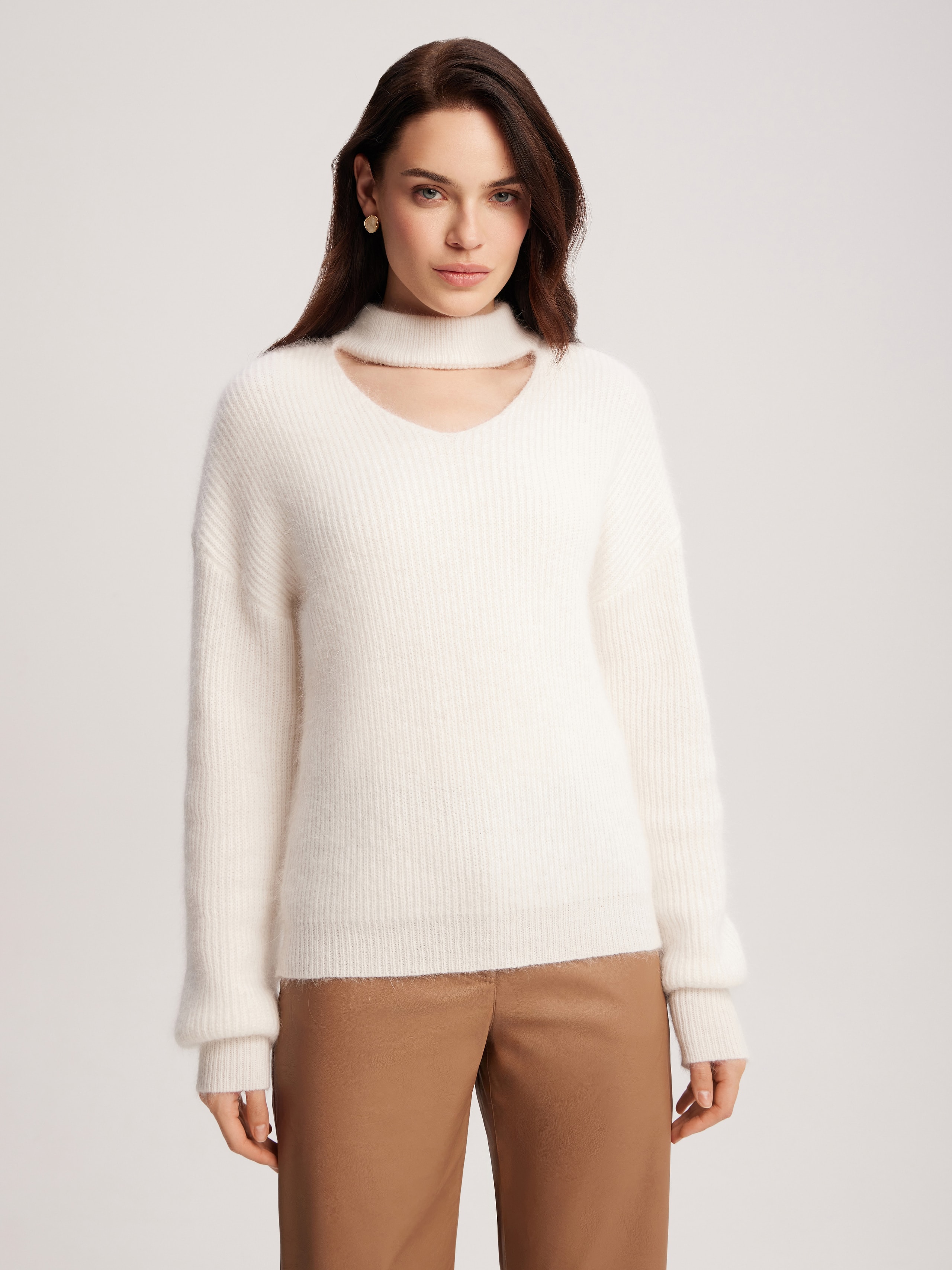 Cosy straight-cut jumper with an original neckline, White — photo 4