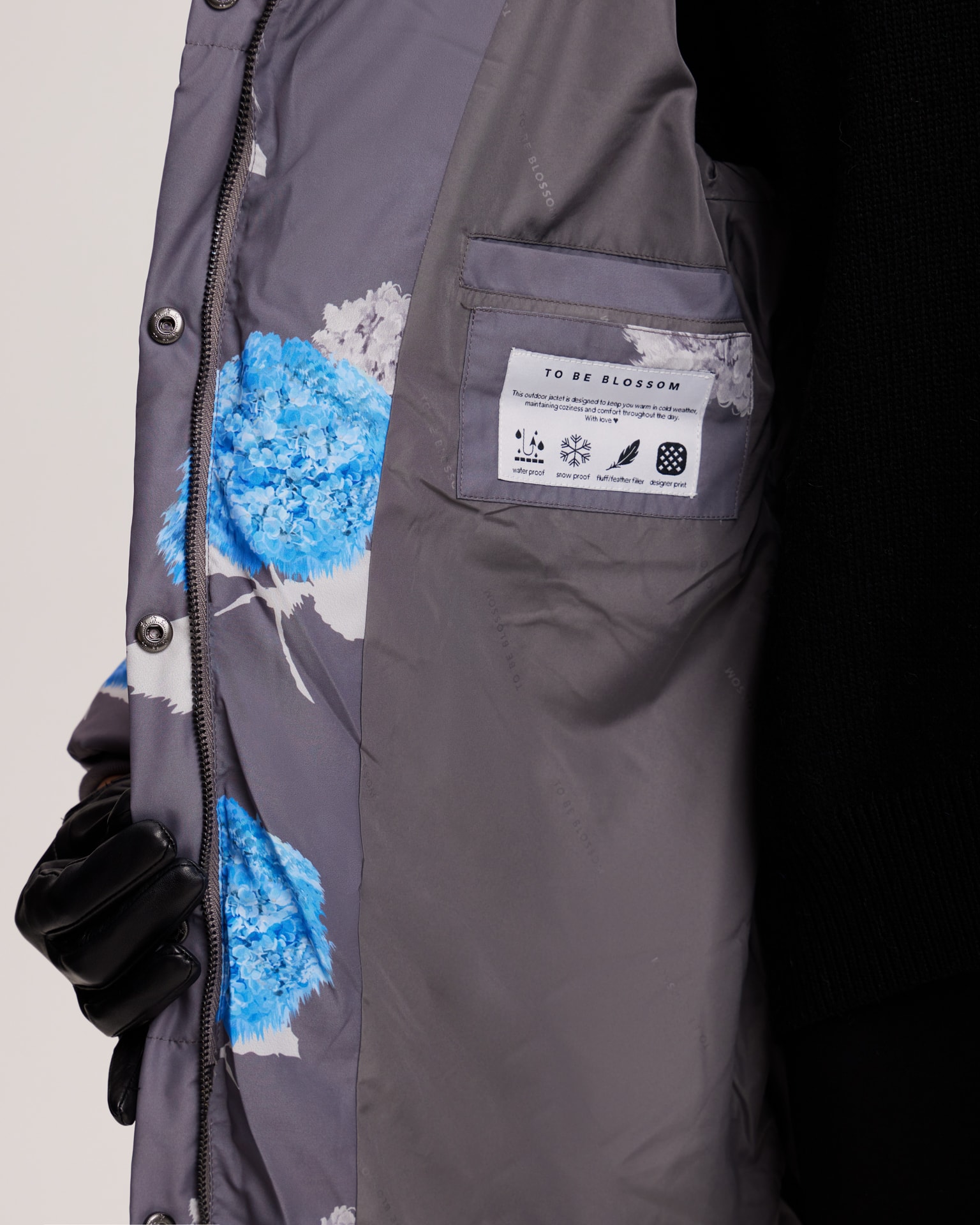 Longline down jacket with limited edition Hydrangea print, Grey — photo 11
