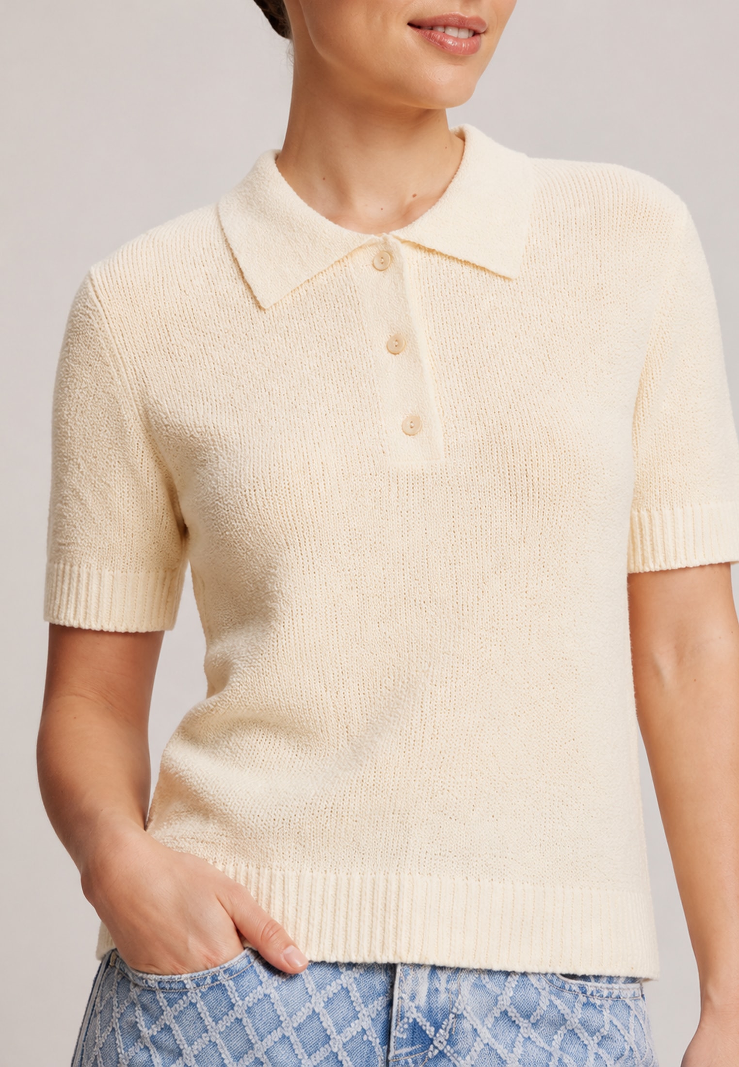 Polo jumper made of boucle yarn, White — photo 5