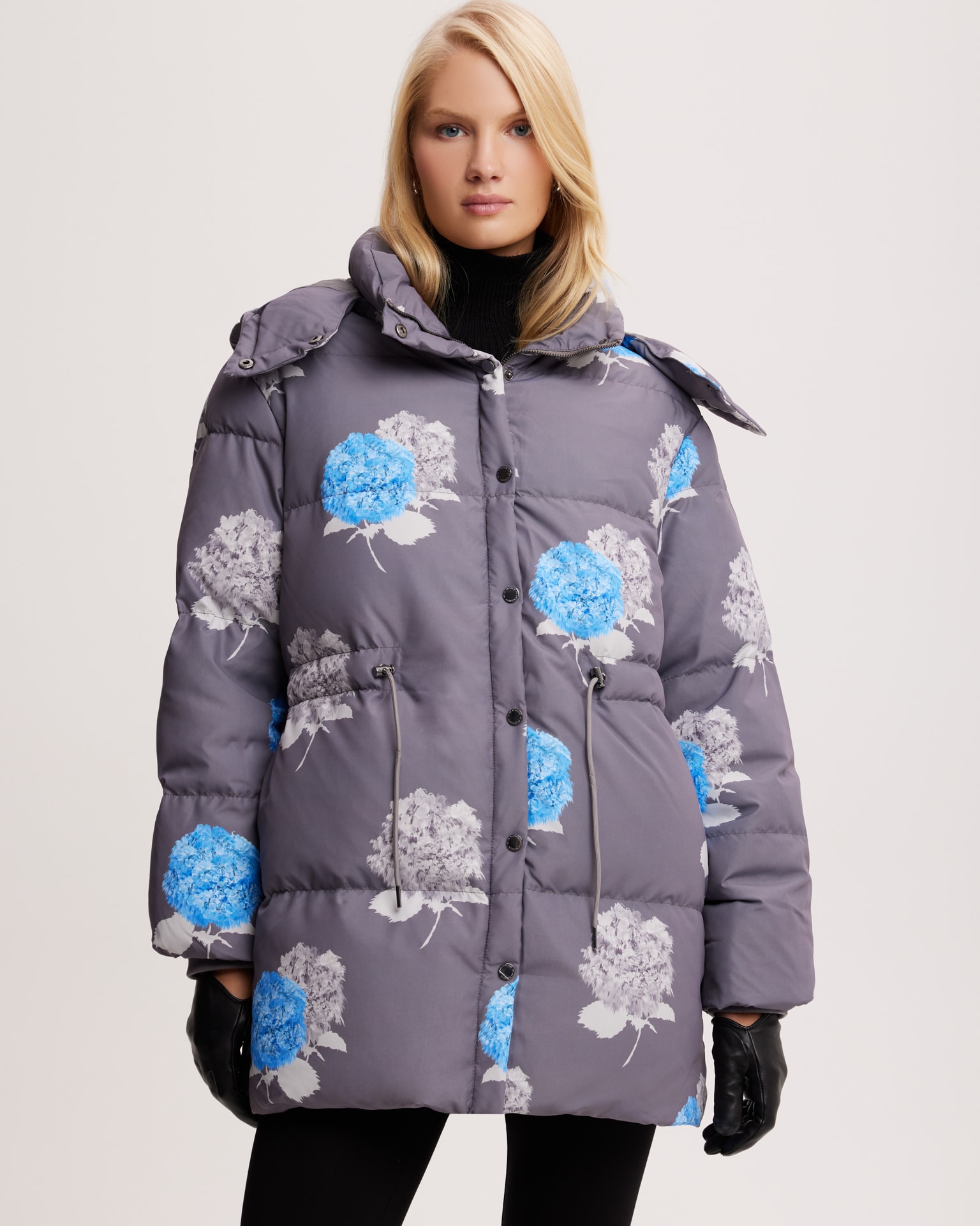 Longline down jacket with limited edition Hydrangea print, Grey — photo 6