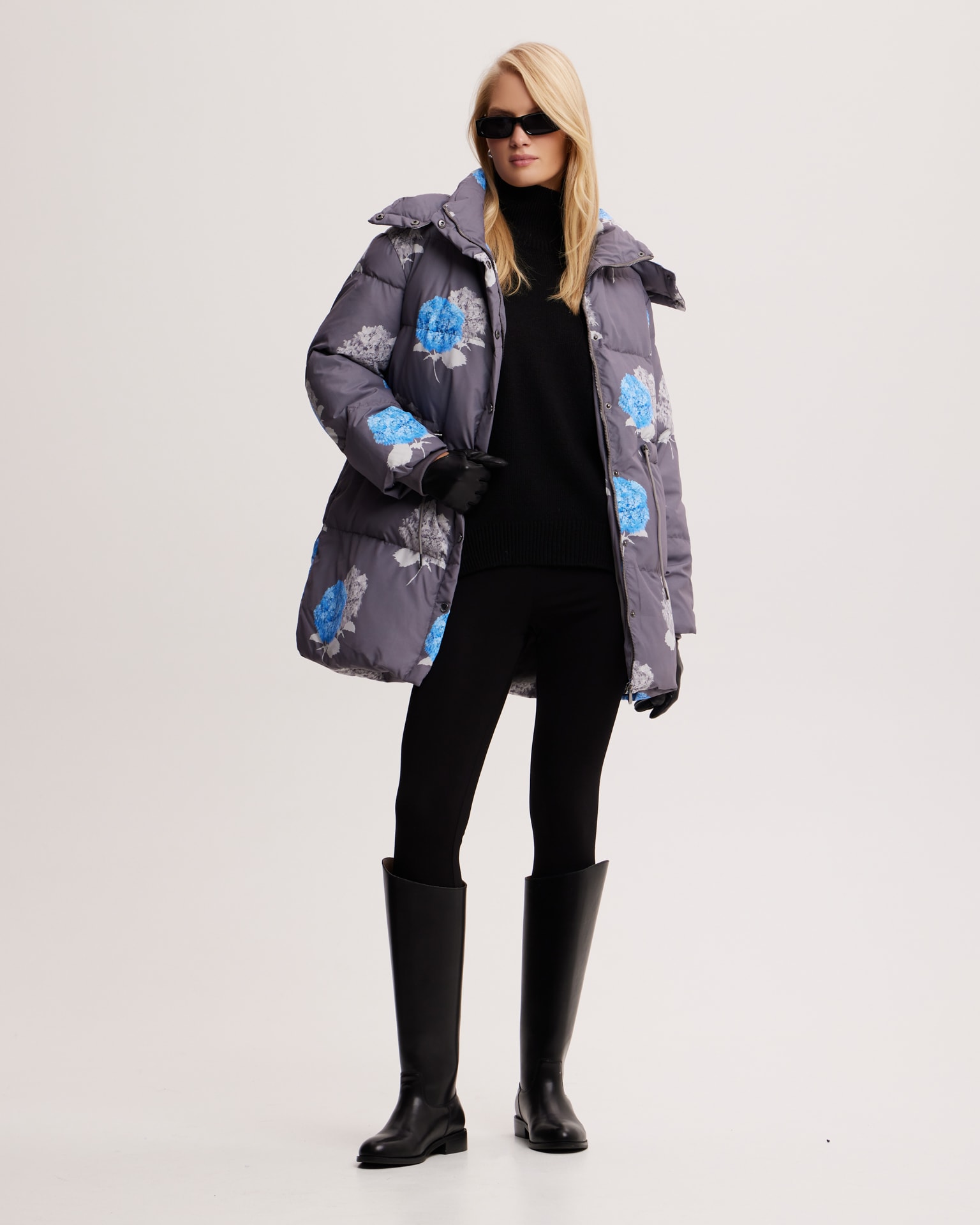 Longline down jacket with limited edition Hydrangea print, Grey